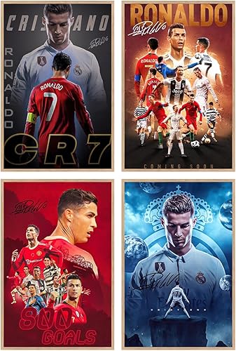 Póster de Superestrella de fútbol Cristiano Ronaldo, juego de 4 pósteres de pared sin marco de 08 x 12 pulgadas