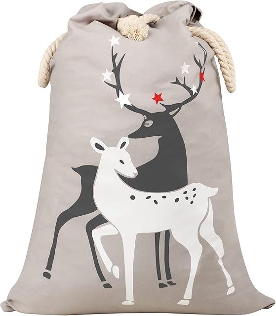 TRIXES Large Grey Canvas Christmas Stocking Reindeer Sack/Bag 70cm x 45cm - Perfect for Xmas Presents or Improving Your Stocking Gifts - Great for Kids/Adults