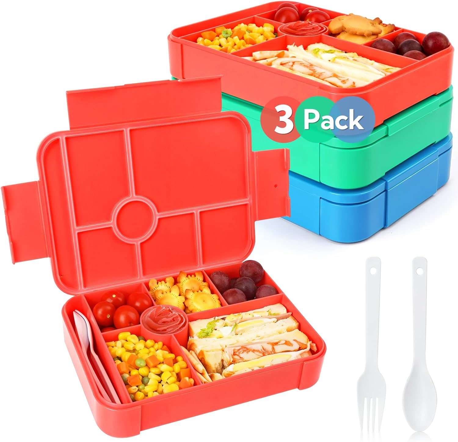3 Pack Bento Box Adult Lunch Box, 45 oz Leakproof Lunch Containers for Adults/Kids/Students, 6 Compartments Bento Lunch Box with Spoon & Fork, BPA-Free, Microwave & Dishwasher Safe (Green, Red, Blue)
