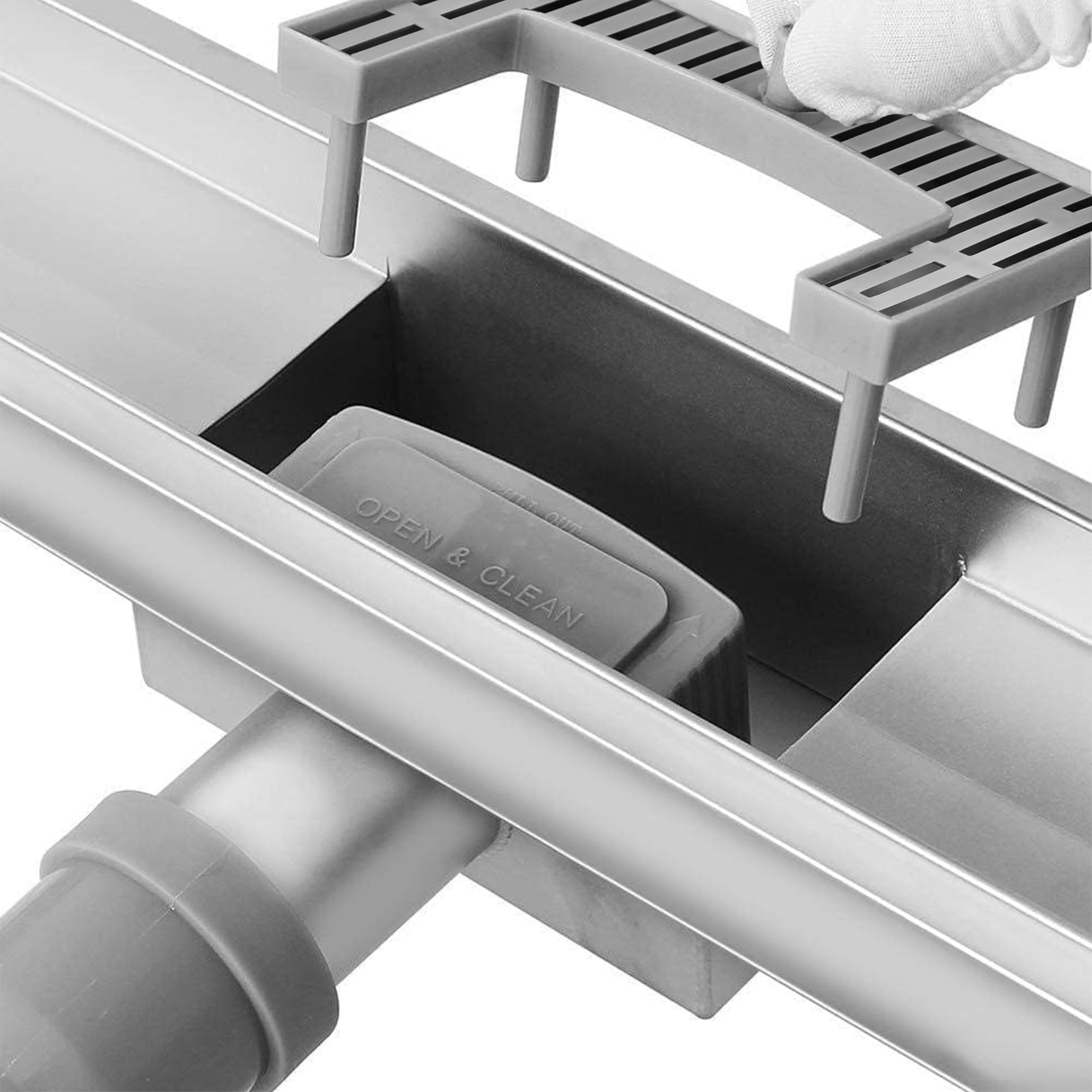 Caniveau de douche 70cm, gouttière d'écoulement en acier inoxydable plate, siphon avec système anti-odeurs, tamis à cheveux pour évacuation de douche, écoulement de sol pour salle de bains