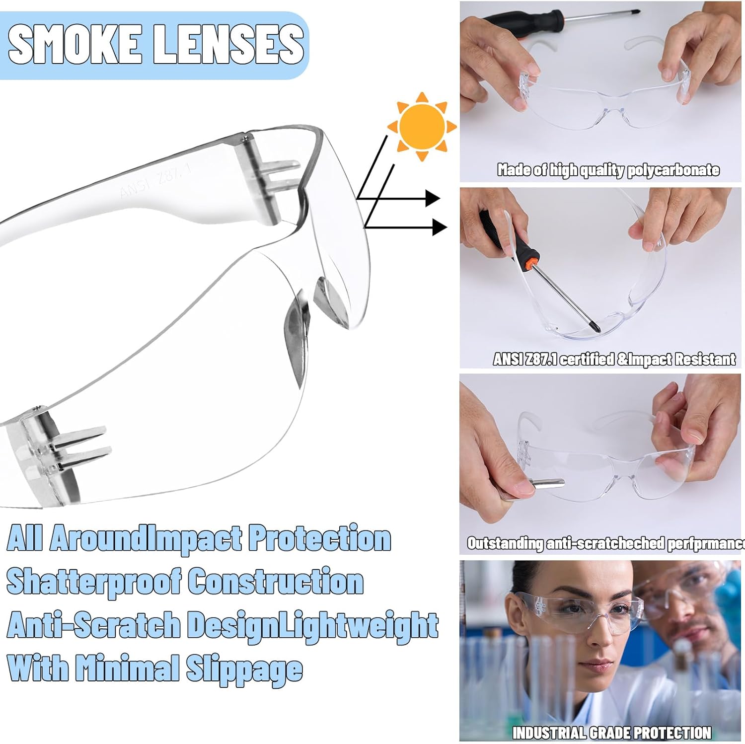 110 PCS Clear Safety Glasses Bulk for Men Women ANSI Z87.1 + 150 PCS 5 Inch Sanding Discs 8-Hole Round Hook and Loop Sanding Pads 10 Grades Include 60 120 240 400 600 800 1000 1200 1500 2000 Grit