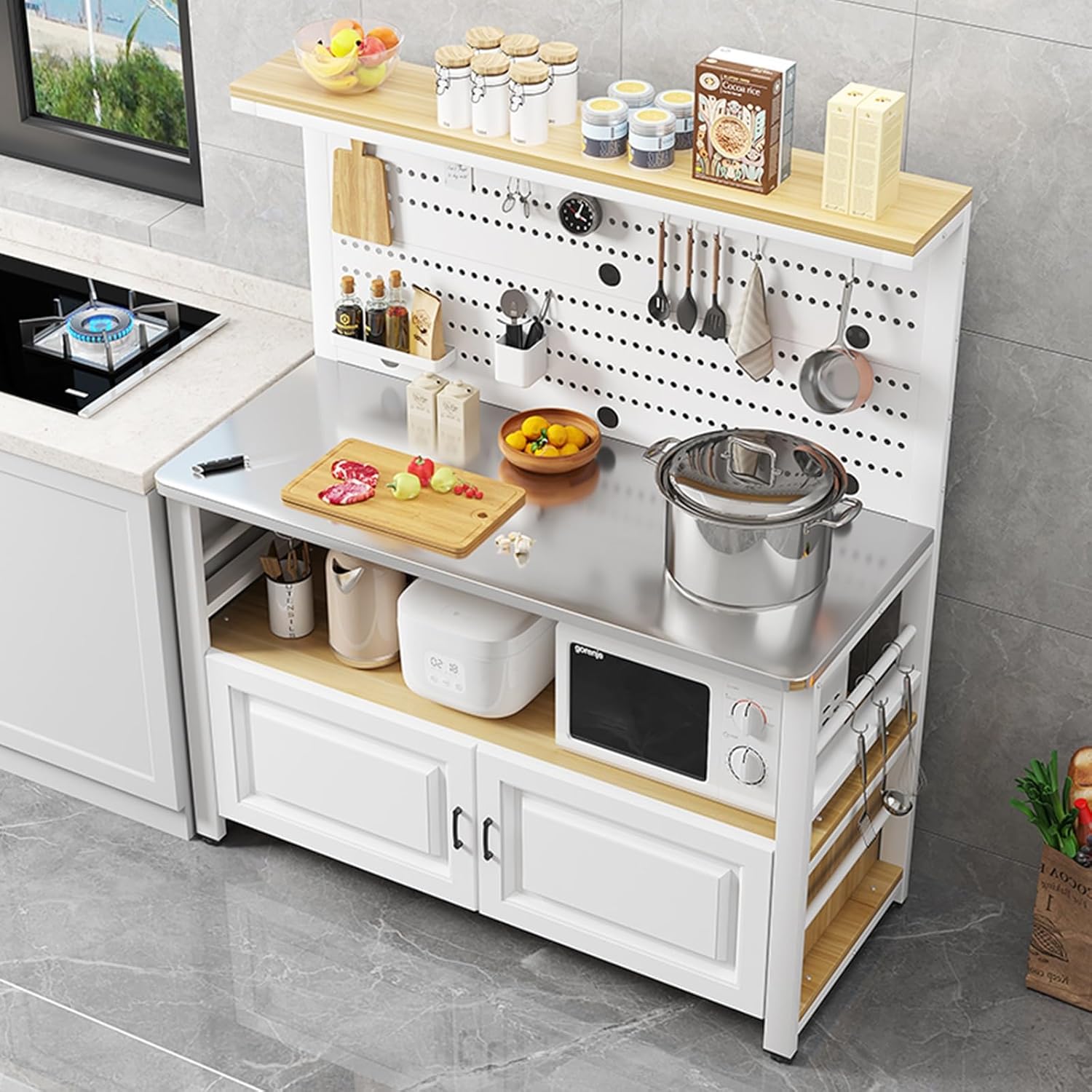 Freestanding Kitchen Prep Table with Lockers, Large Kitchen Storage Shelf, 5 Tiers Bakers Racks for Kitchens, Home, Restaurant, Hotel (Color : White Frame+Wood, Size