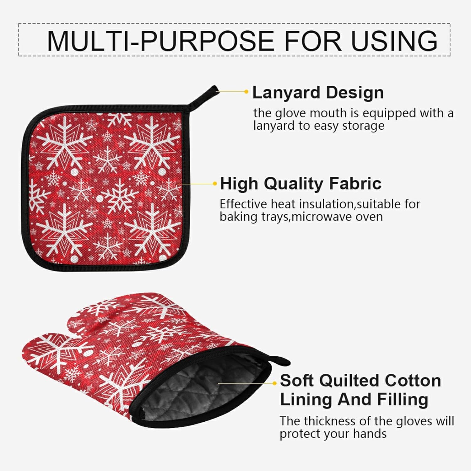 Christmas Snowflakes Oven Mitts and Pot Holders Set Red Hot Winter Snow Hot Pads & Heat Resistant Gloves Oven Mitten for Seasonal Holiday Decor Kitchen Cooking BBQ Baking Bakeware - Image 4
