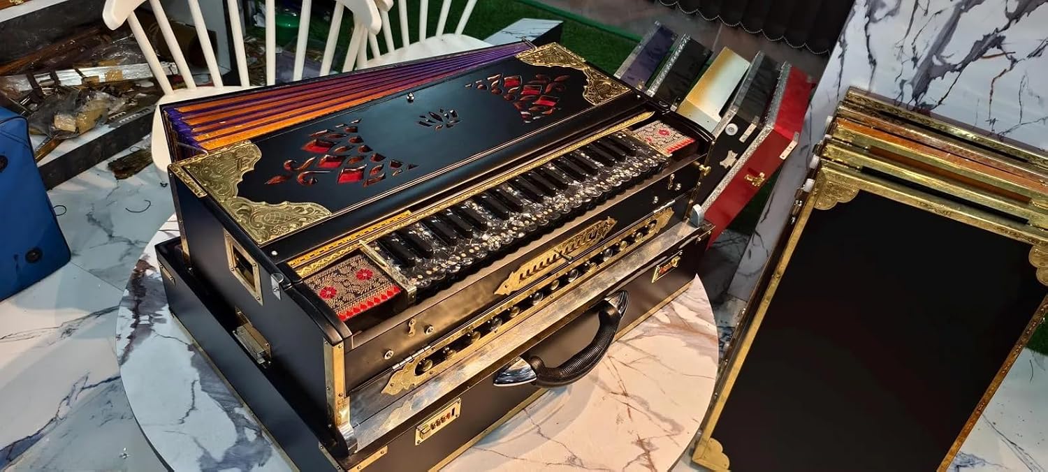 NamasteHimalayas Limited 4- Reed 13-Scale Professional Scale Changer Harmonium – Black Edition with Premium Golden Brass Finish Best for Kirtan, Bhajan, Meditation, Sound Healing Therapy