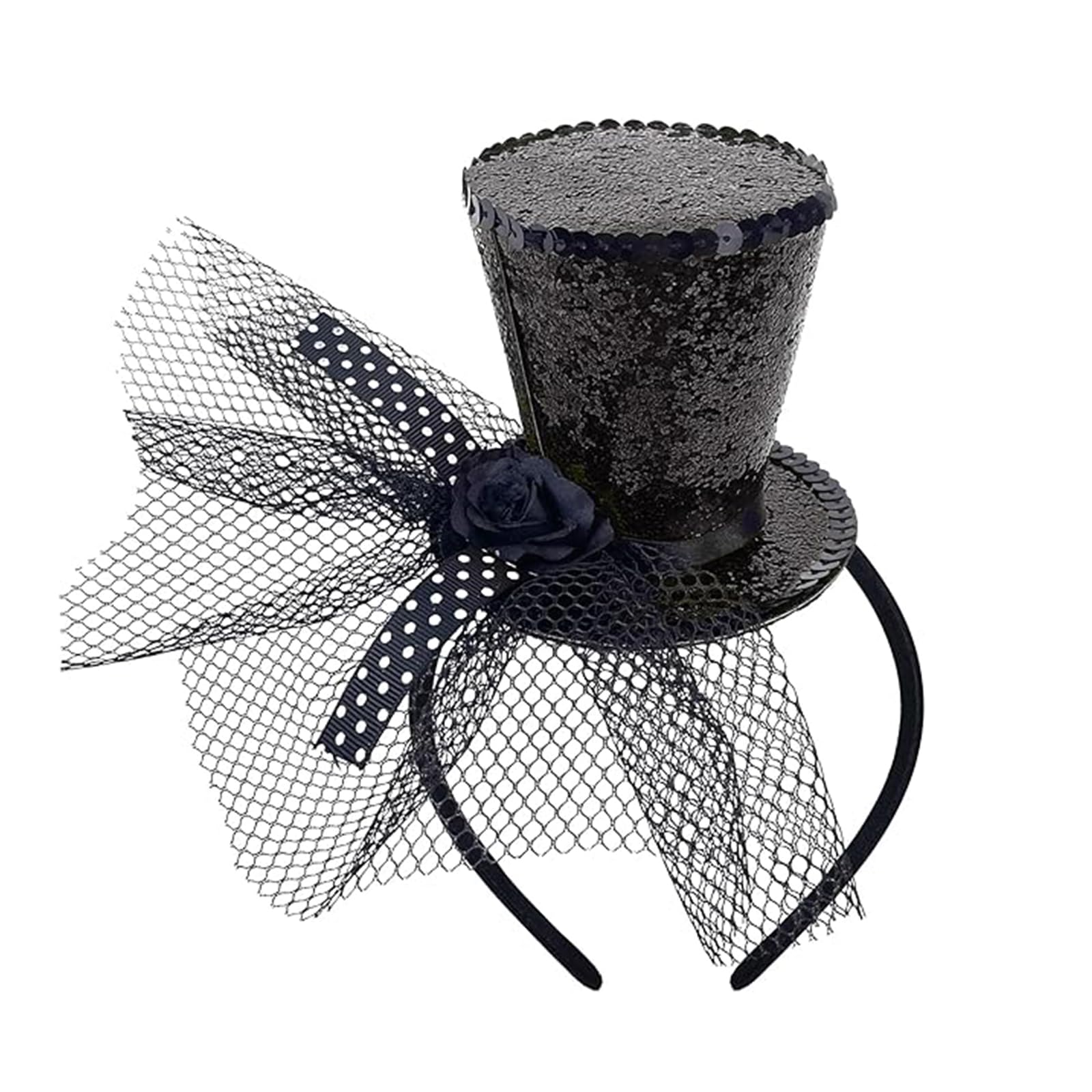 Black Top Hat Headband with Veil, Mini Top Hat fascinator Circus Costume for Women Girl Festival Halloween Christmas Headwear Carnival, Theme Party, Prom (Black)