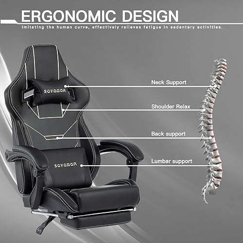 Miniatura 5 de Silla de videojuegos con reposapiés, silla ergonómica para jugadores con soporte lumbar, silla de masaje giratoria de altura ajustable, silla de