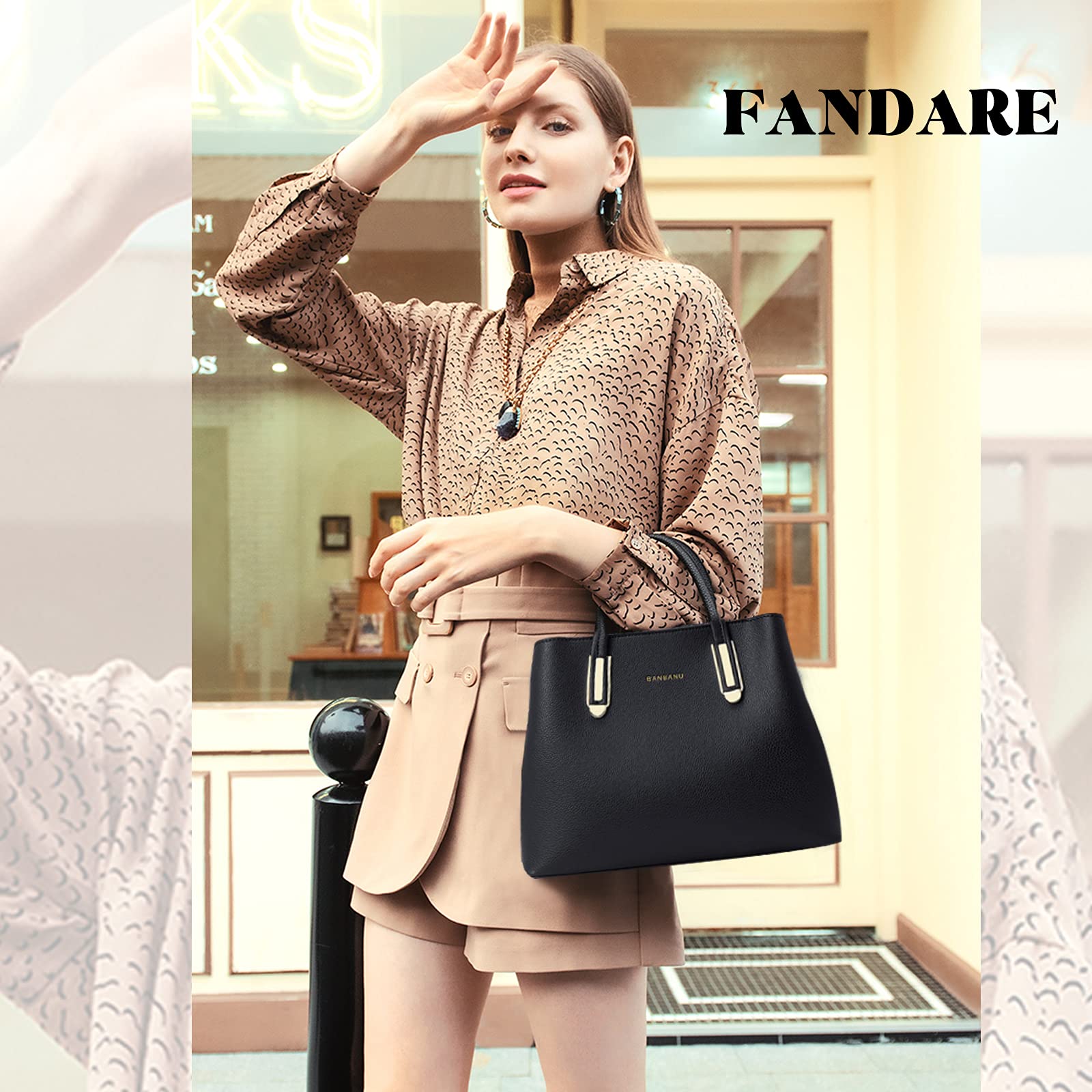 FANDARE Elegante Bolso de Mano Bolsos Cabas Mujer Bolso Bandoleras Cuero PU Impermeable Llevados Hombro Bolso De Hombro Gran Capacidad Compras Escuela Viaje, Negro, large, Elegante