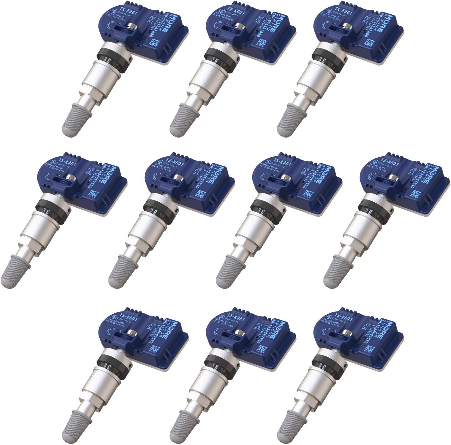 MORESENSOR Compact PRO Series Dual Frequency Universal Programmable TPMS Tire Pressure Sensor 10-Pack | 315 + 433 MHz | Clamp-in Aluminum Valve | TX-K001-BL-10