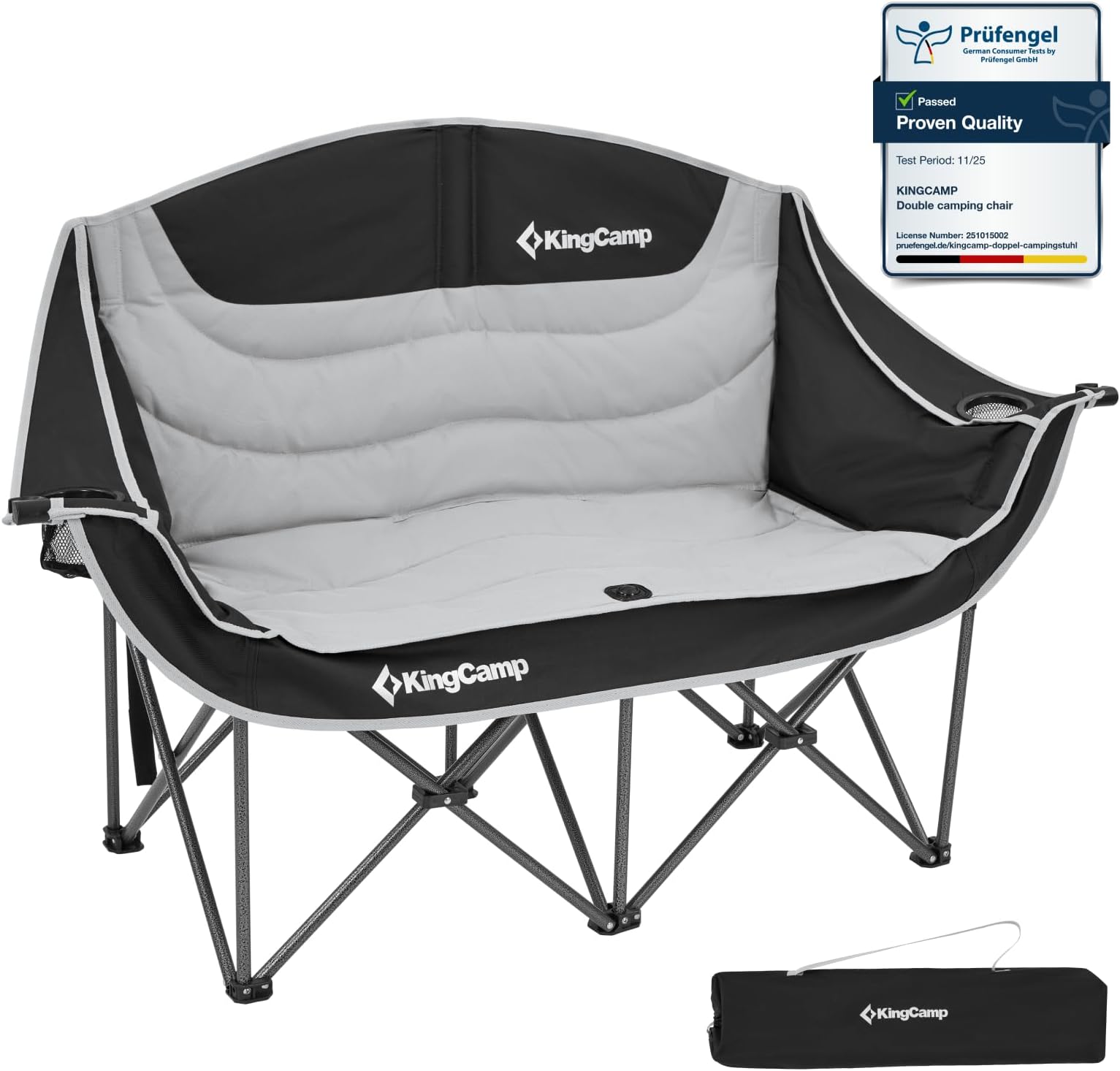 Double Camping Chair for Adults, Up to 300 kg, Padded Folding Loveseat with Wine Glass Holders & Cup Pockets, Lightweight 2-Person Outdoor Camping Sofa for Garden Beach Festival, Black/Grey