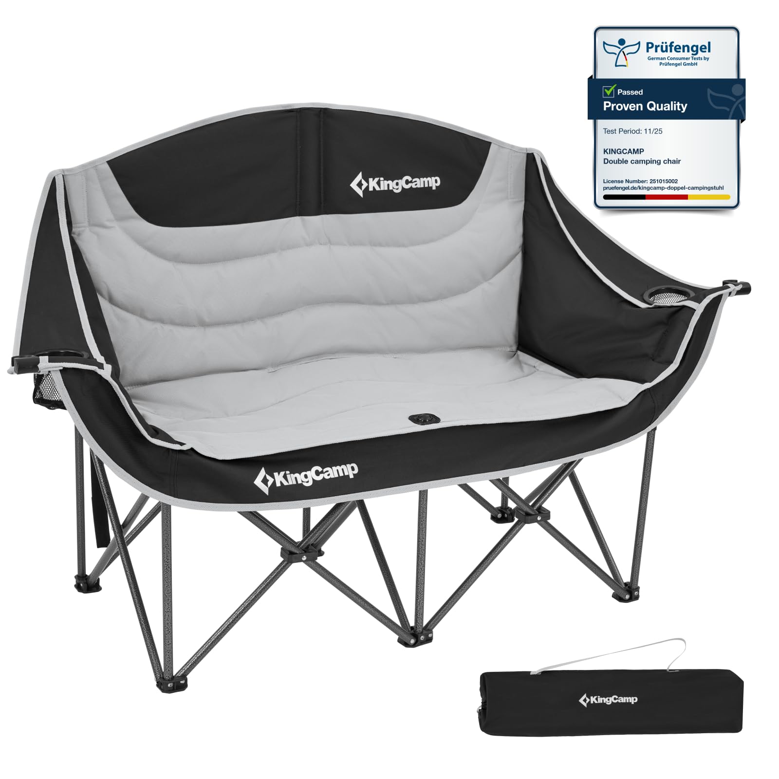 KingCamp Double Camping Chair for Adults, Folding Padded Camping Sofa Chair Up to 300 kg (660 lbs), Heavy Duty Oversized Outdoor Chairs 2 Seater & 3 Seater with Armrest Cup Holder, for Garden Picnic