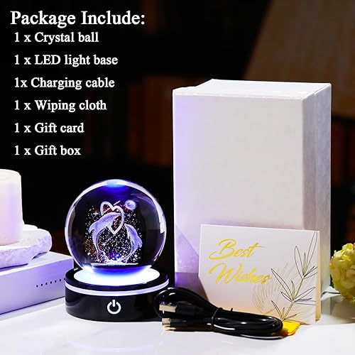 Miniatura 6 de YWHL Figuras de delfín 3D con bola de cristal con base de luz colorida, regalos de delfines para mujeres y hombres en cumpleaños, esfera