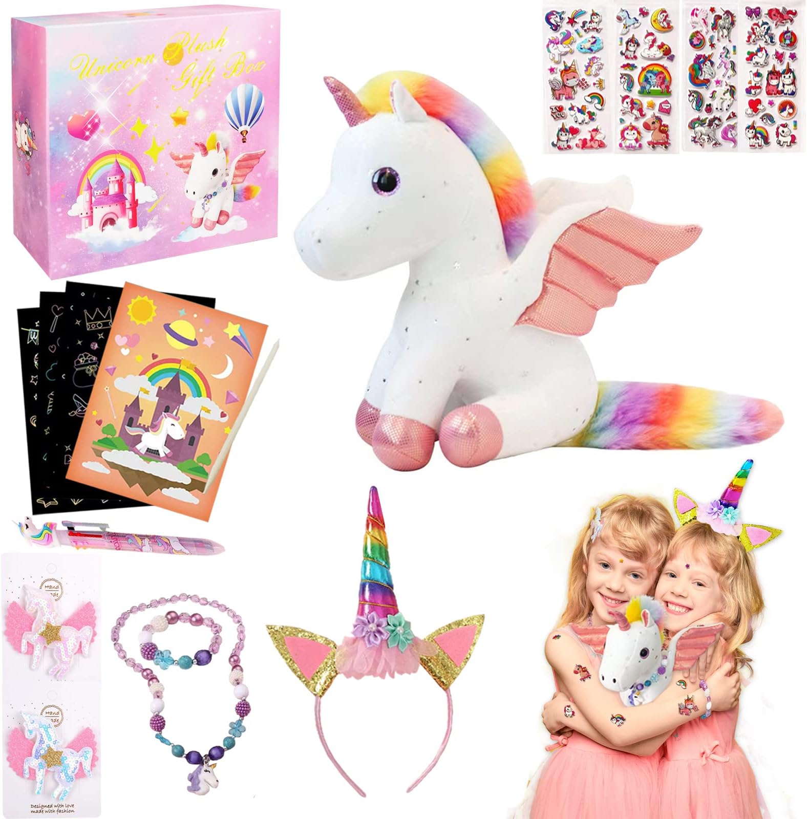 Echehi Unicorn Gifts For Girls 15 Pcs, Unicorn Toys Box Includes Unicorn Plush, Scratch Artcards, Hair Clips, Hair Band, Bracelet Necklace, Unicorn Toys For Girls Age 3-8 Birthday