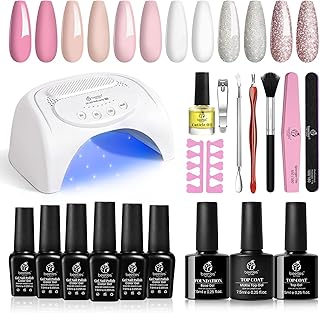 Beetles French White Glitter Gel Nail Polish Starter Kit with U V LED Light 48W Nail Lamp Gel Base Shiny Matte Top Coat So...
