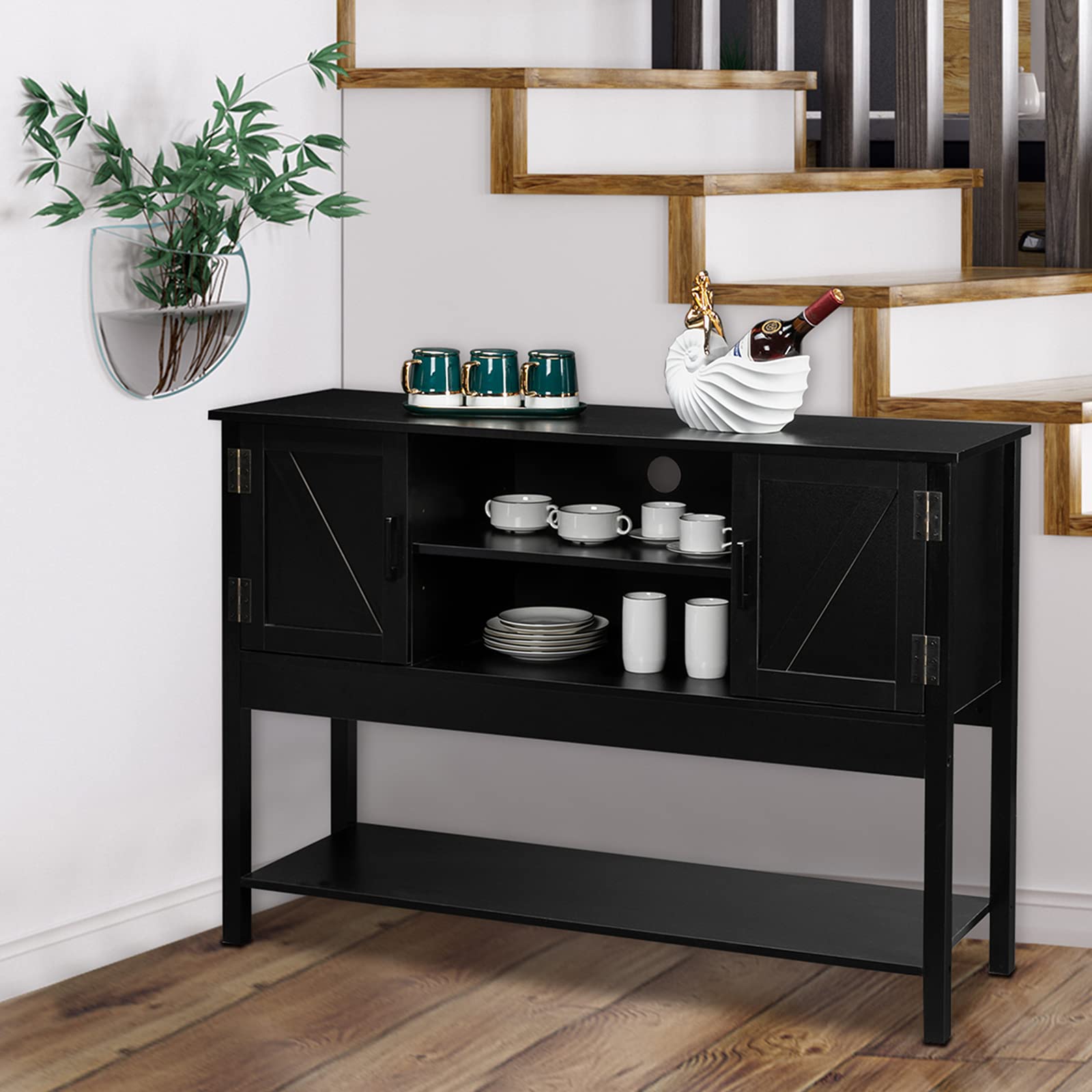 VINGLI Black Sideboard Buffet Wood Storage Kitchen