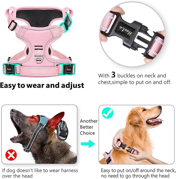 HEELE Pettorina Cane, Imbracatura Sganciata Rapido dal Collo, Pettorina Anti-tiro Riflettente e Regolabile con Maniglia Comoda, Morbida e Imbottita per Cani Piccola Media Grande, Rosa Chiaro M - 3