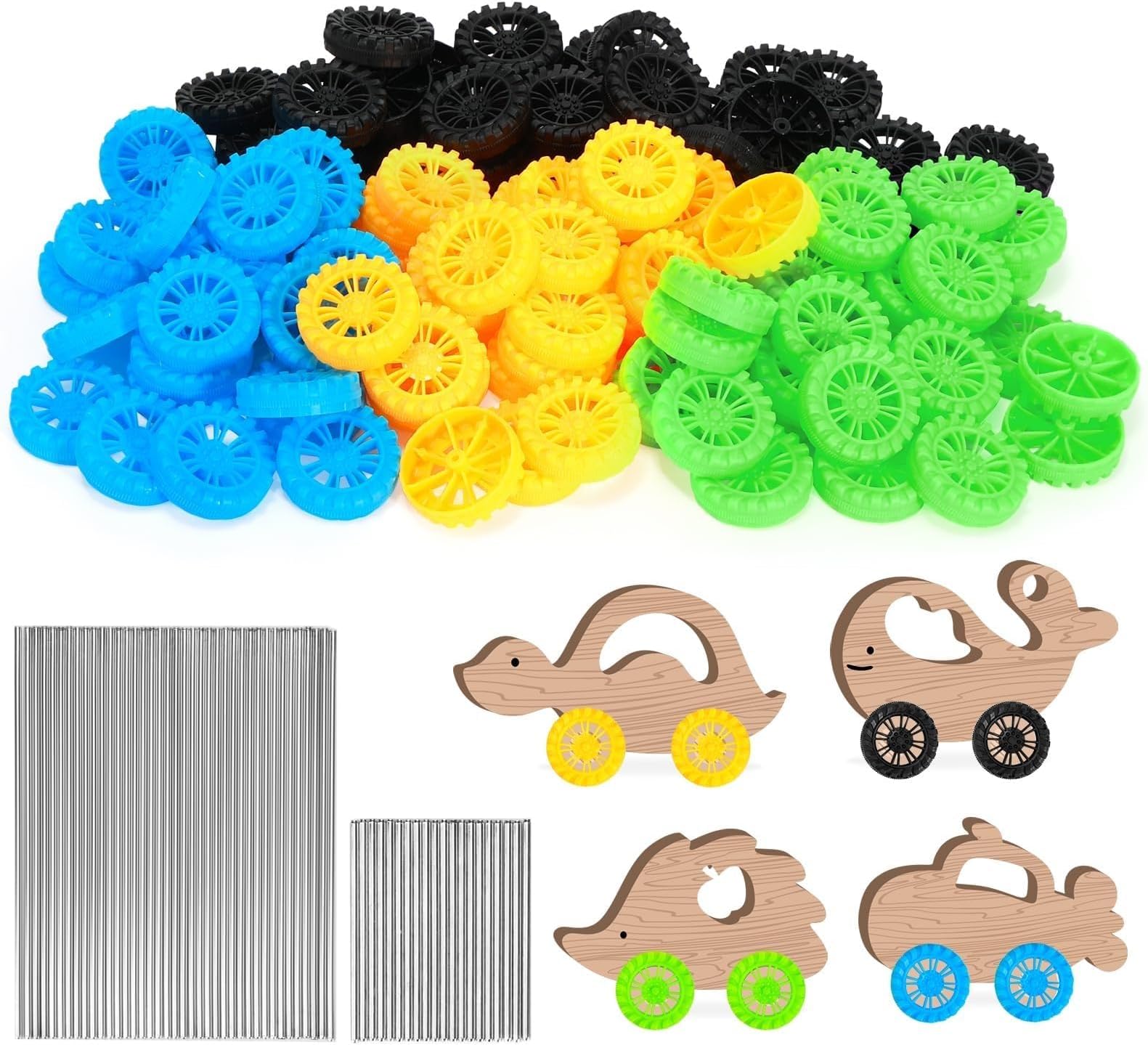 Toy Car Wheels, 30mm Toy Tires and Shaft Rods, 50mm 100mm Round Rod Axles for DIY RC Model Bus Car Toy Projects(160PCS)