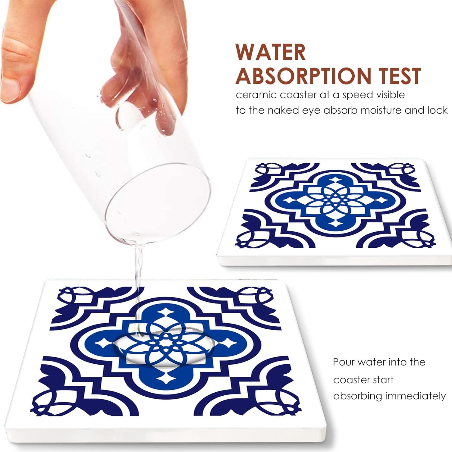 Coasters for Drinks Set of 6, Navy Blue Ceramic Tiles Geometric Pattern Absorbent Square Ceramic Stone Mat, with Cork Base and Metal Holder, Gift for Housewarming Room Bar Decor - Image 4