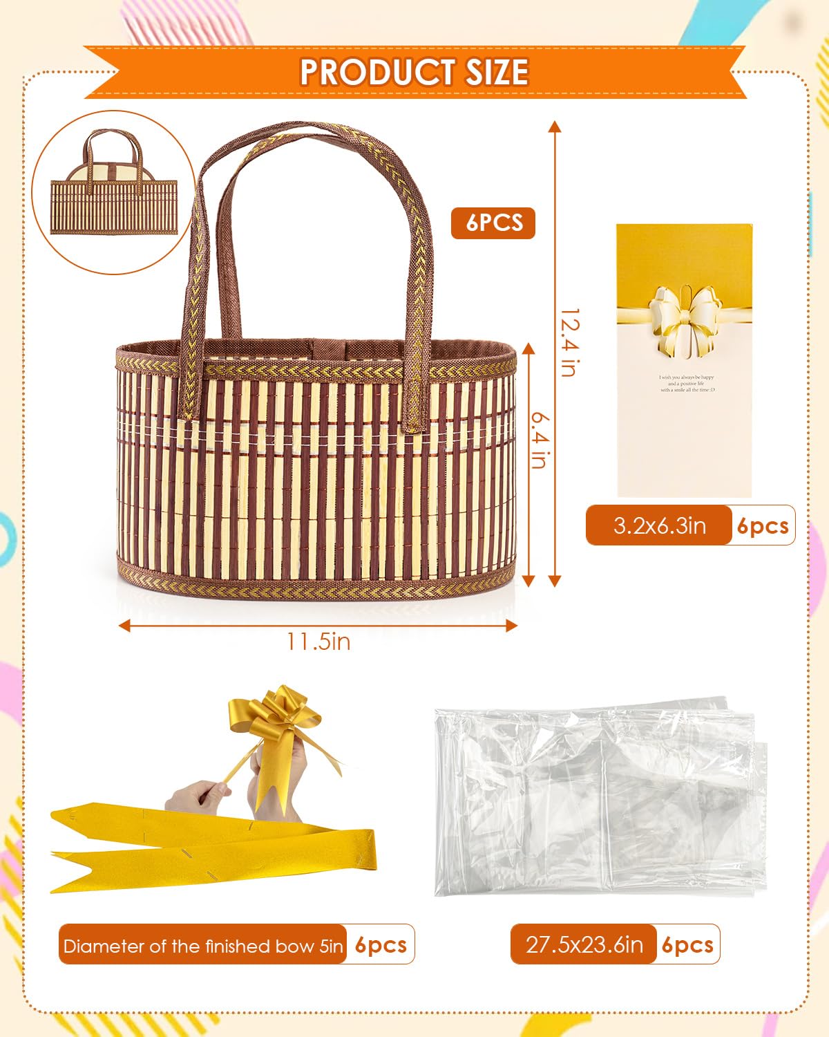 HAYVAN 6 Set Bamboo Gift Baskets Empty Bulk with Handles - Complete Gift Basket Wrap Kit Includes Cellophane Bags, Gold Pull Bows & Cards for Baby Shower, Christmas, Housewarming
