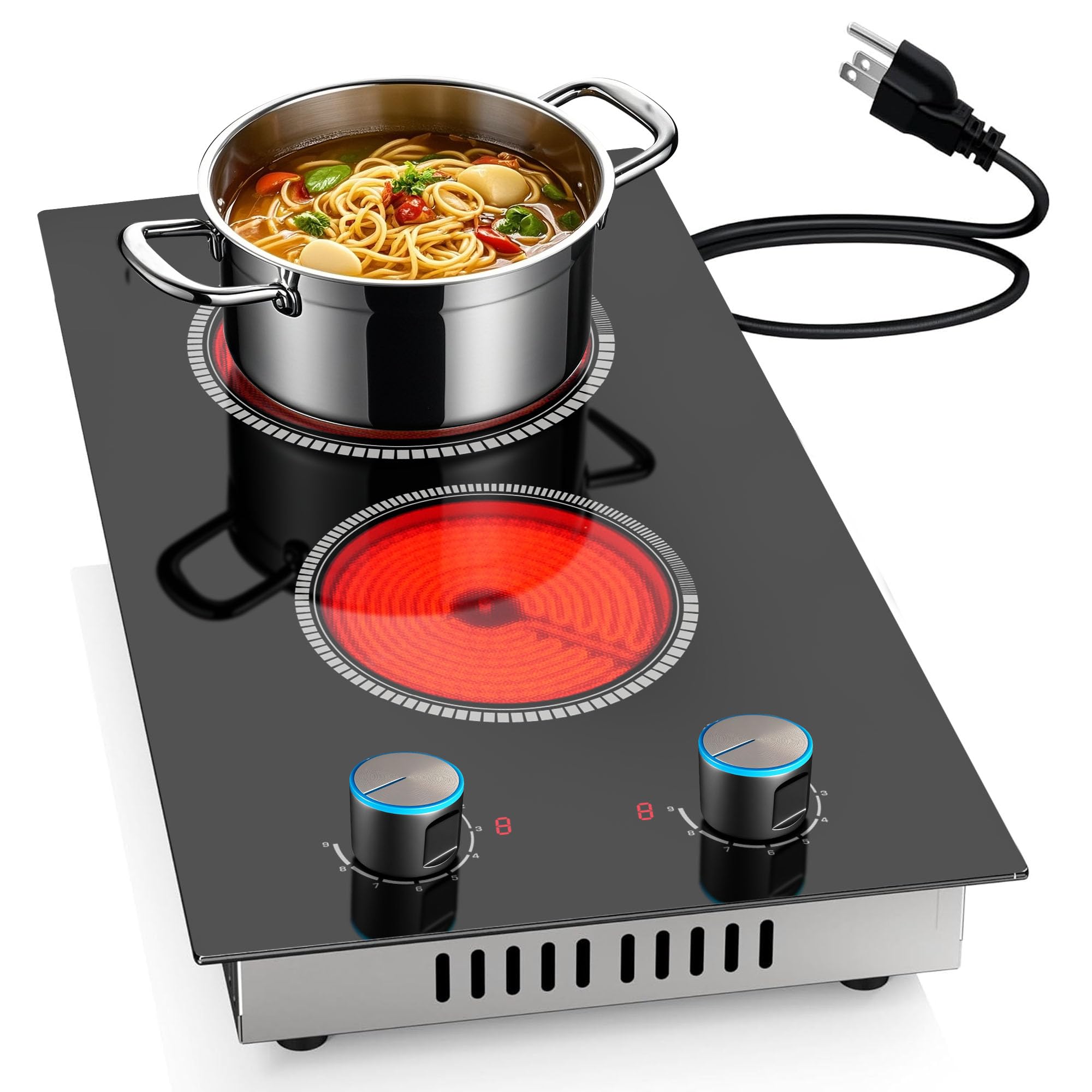 2 Burner Electric Cooktop 120V, 12 Inch Stove Top Burner 2000W, Double Burner Electric Stove with Knob Control, 9-Level Heat, Overheat Protection, High-Temp Alarm, 120V UL Plug