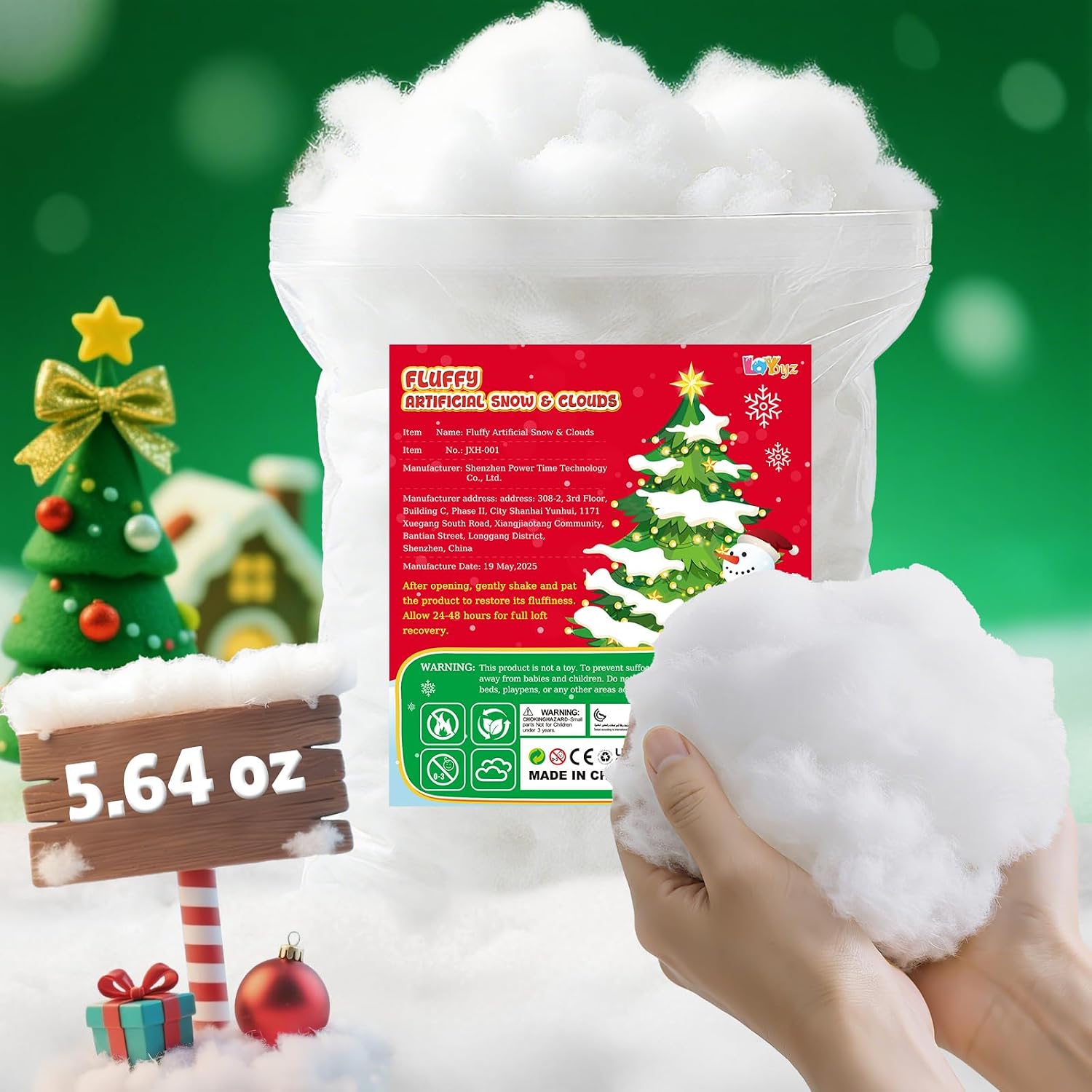 Fluffy Fake Snow Christmas Decor: 5.64oz Cotton Artificial Snow for Christmas Village, Indoor Christmas Decorations Snow for Mantle Village, Christmas Tree Decor, Nativity Decor, Winter Indoor Party