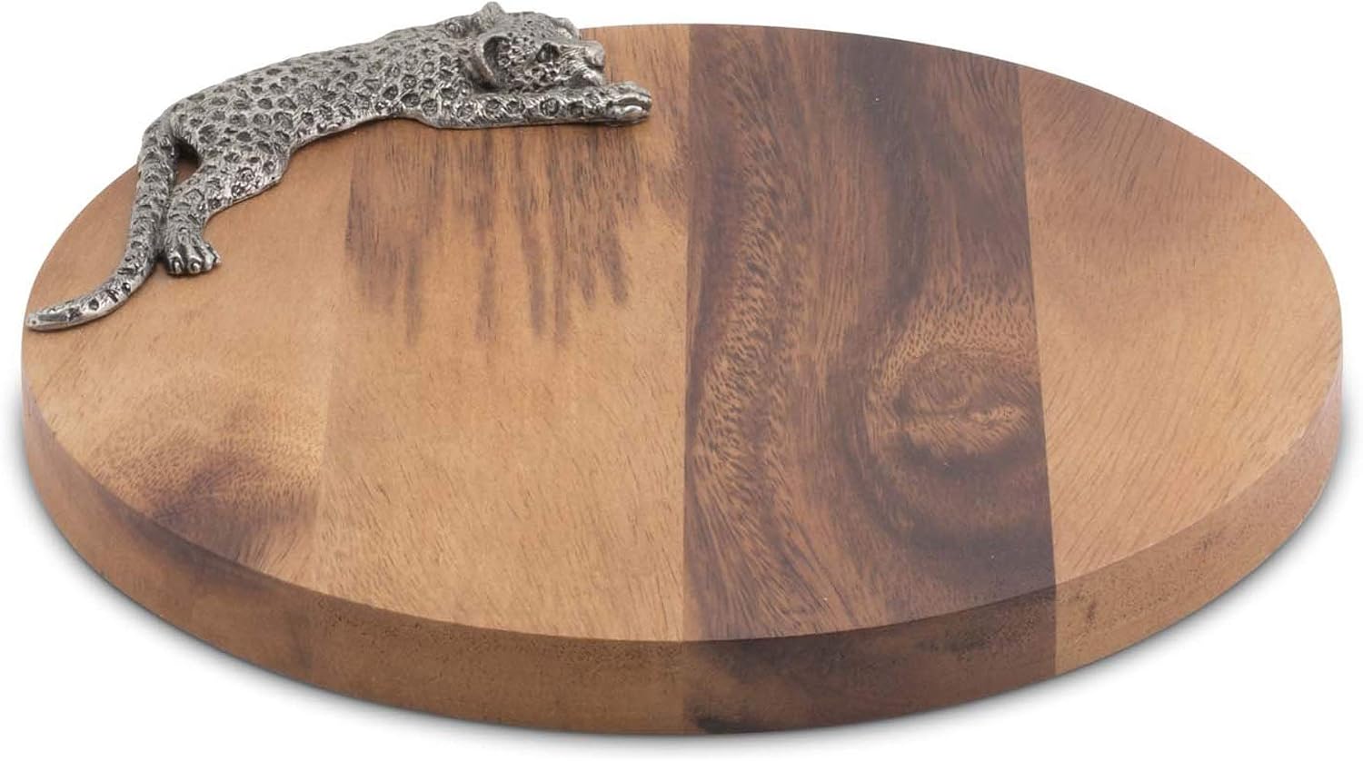 Vagabond House Pewter Metal Leopard Round Acacia Wood Cheese/Serving Board 10 inch Diameter .75 inch Tall