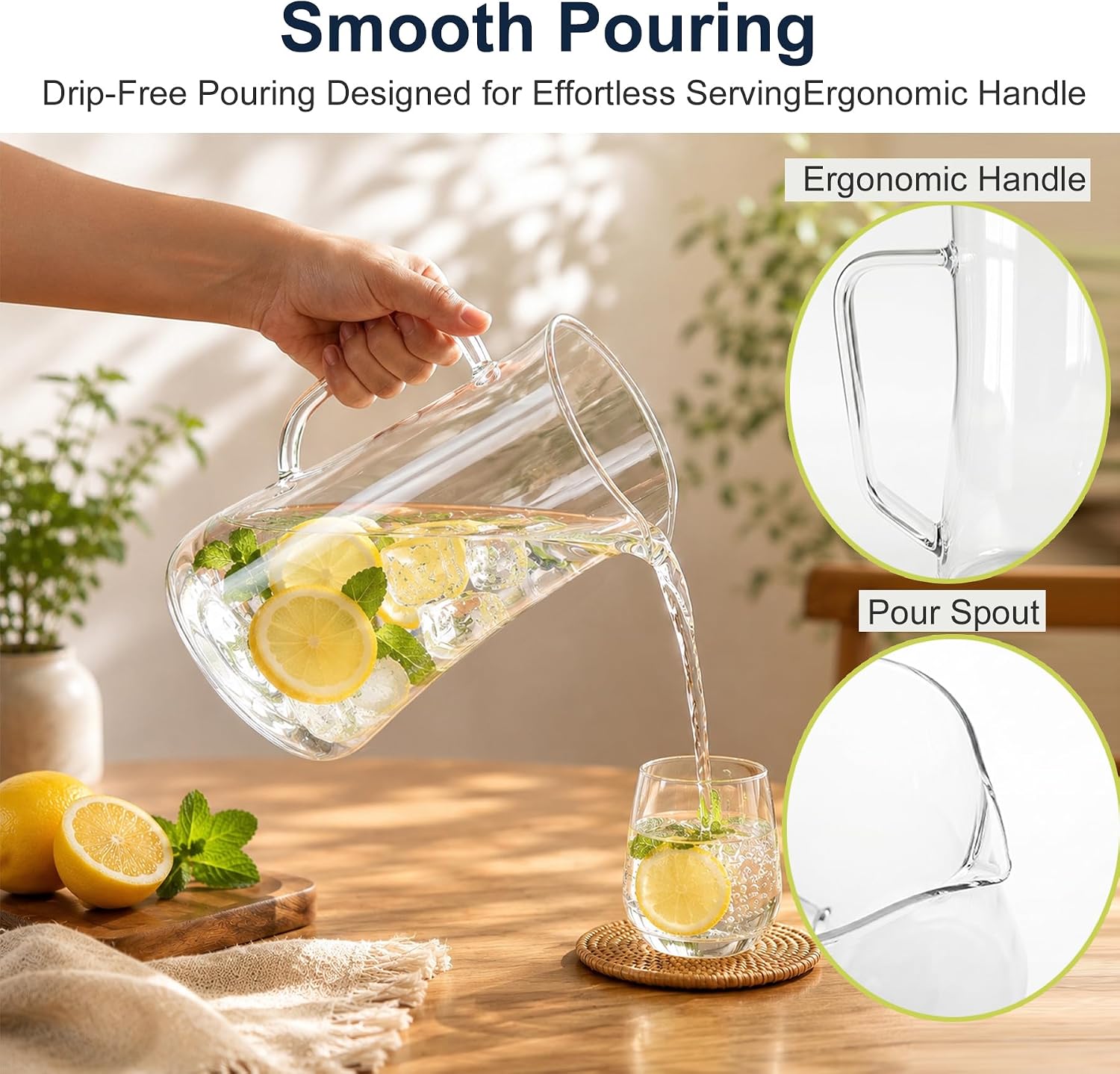 74 oz Borosilicate Glass Pitcher with Spout, Wide Mouth Beverage Pitcher