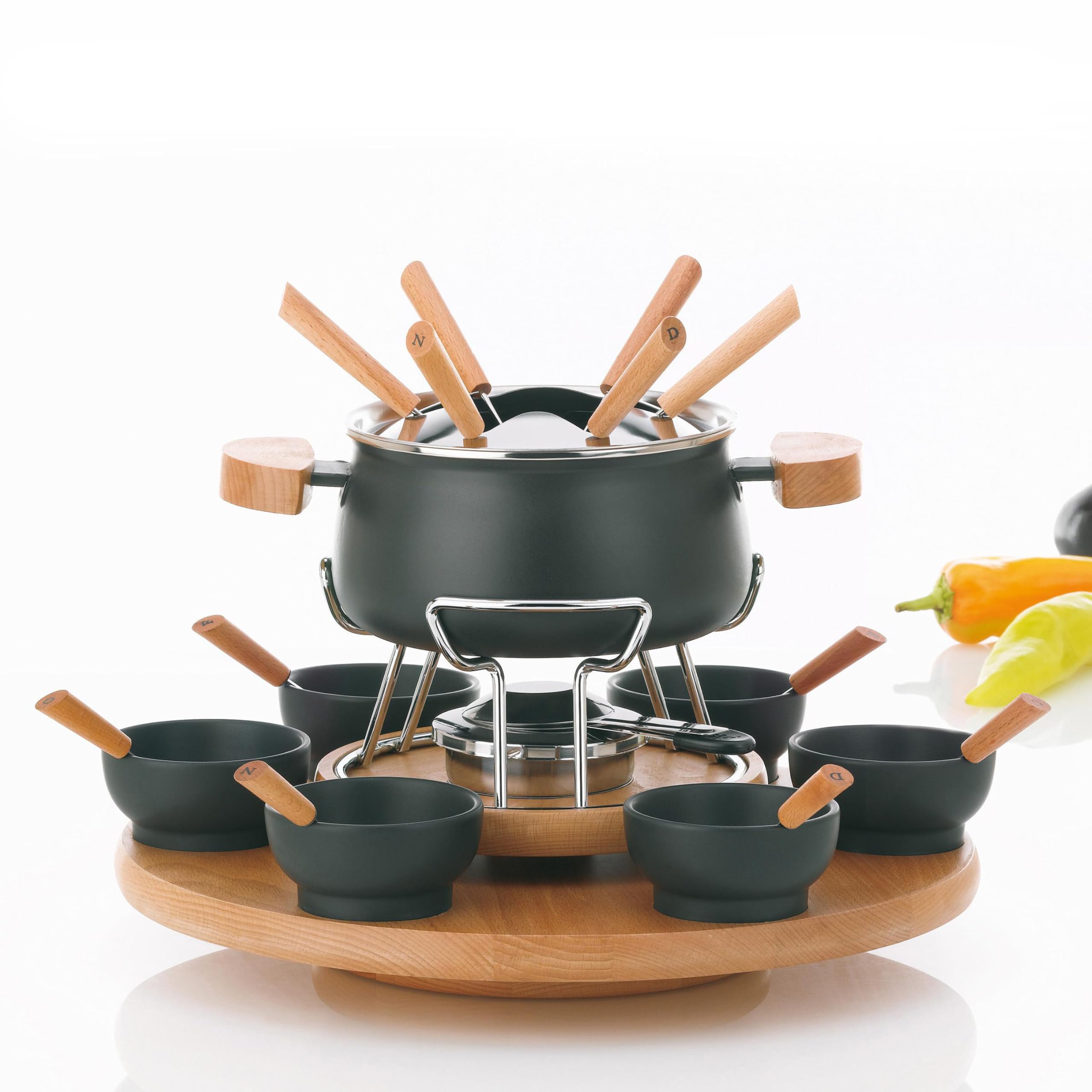kela Fleischfondue Set 23 teilig, Fondueset für 6 Personen NATURA, Fondue mit drehbarer Holzplatte, Gabeln, Schälchen, Gabelhalter, Brennpastenhalter
