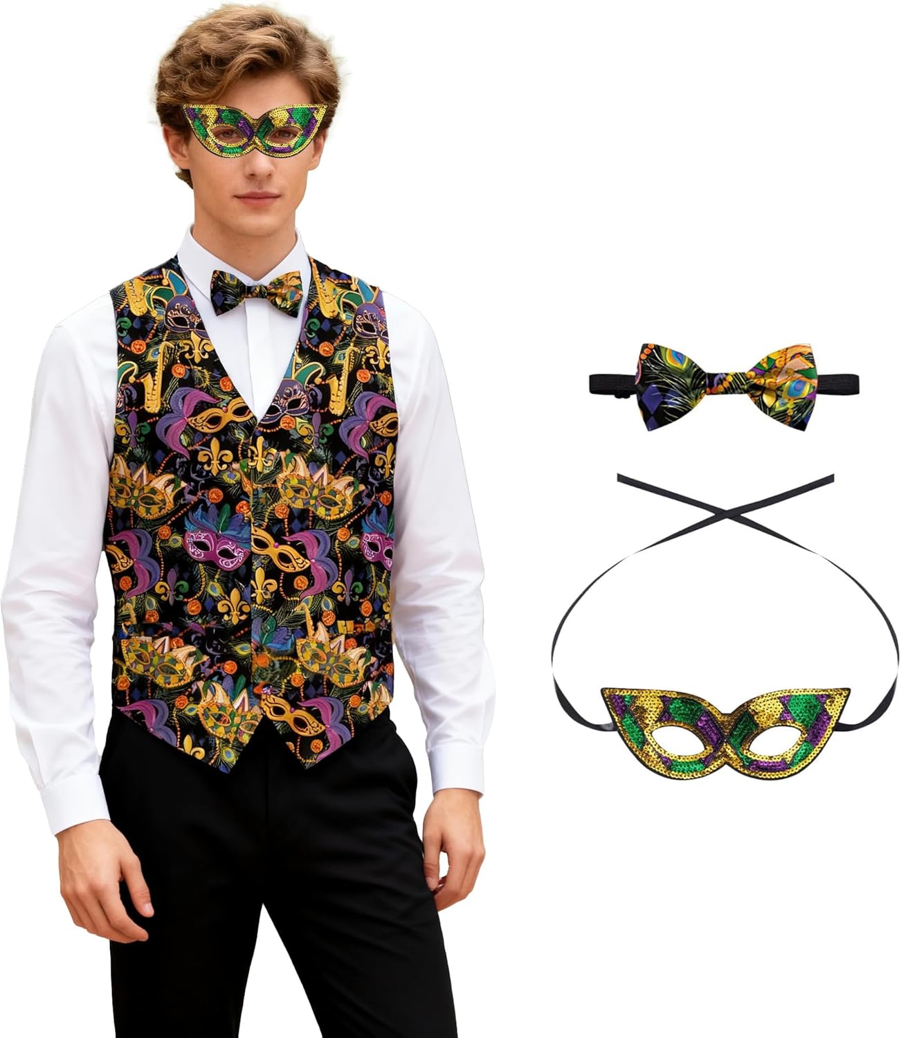 Adult Mens Mardi Gras Vest Kit Halloween Outfit with Bow Tie and Mask Independence Day Costume Set