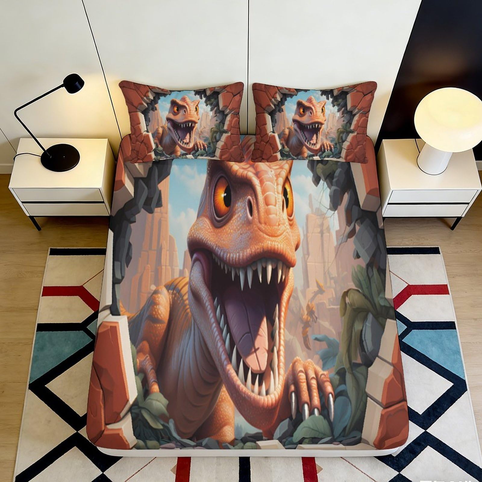 3D Printed Dinosaur Fitted Sheet Microfiber Soft Breathable Cartoon Bed Cover with Mattress Protection for Bedroom Dormitory Guest Room 200x200x25cm