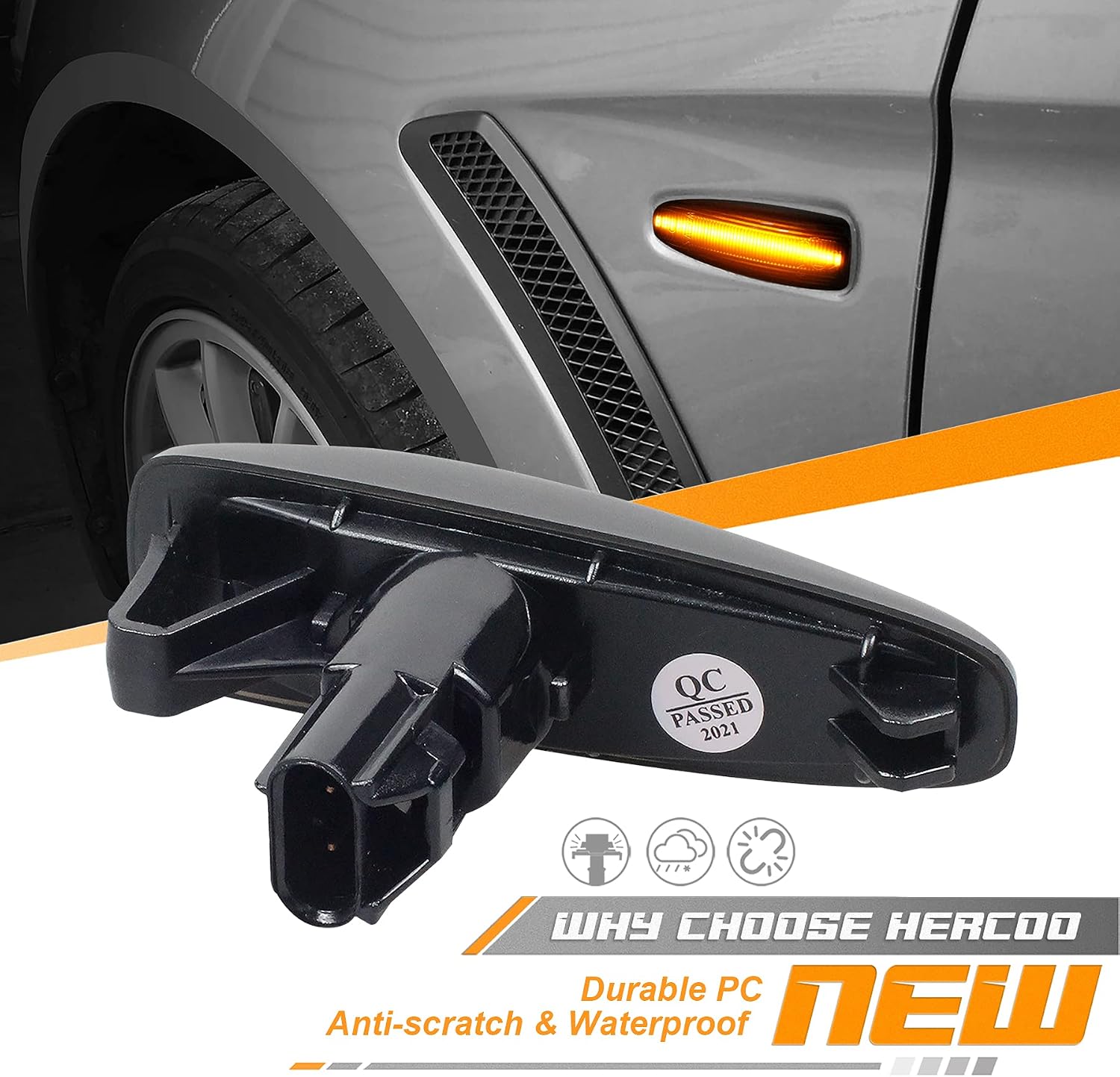 HERCOO Sequential Blink Amber LED Side Marker Light Assembly Compatible with Mitsubishi Lancer Outlander 2008-2013 Turn Signal Lamp Smoked Lens, Pack of 2