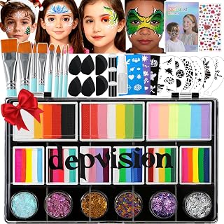 Professional Face Painting Kit for Kids & Adults, Split Cake Face Paint Palette with Glitter Gel One Stroke Non Toxic with Stencils, Pro Face Paint Brushes Sponges for Halloween, Christmas gift, Party