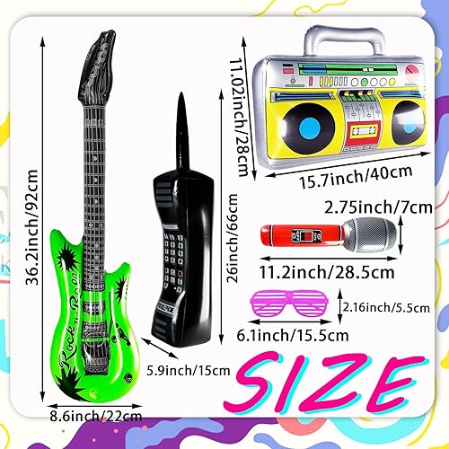 Miniatura 2 de Juego de 12 micrófonos inflables de radio Boombox retro inflables para teléfono móvil, micrófonos de guitarra inflables, obturador, gafas de