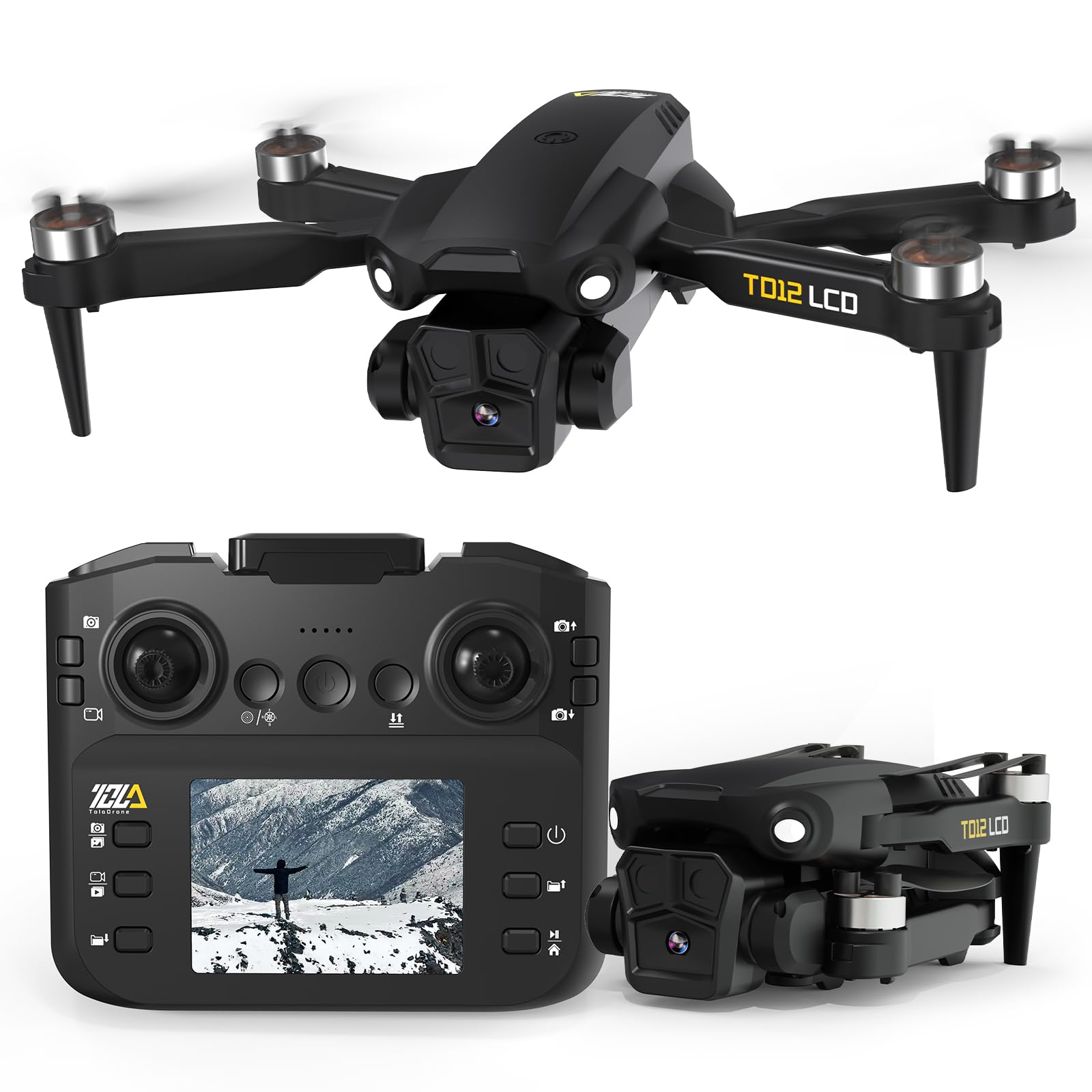 Toladrone TD12LCD Dron con Cámara para Adultos, Drones con Posicionamiento por Flujo Óptico, Motor sin Escobillas, Transmisión de Pantalla LCD, Plegable Drone para Principiantes, Menos de 249g