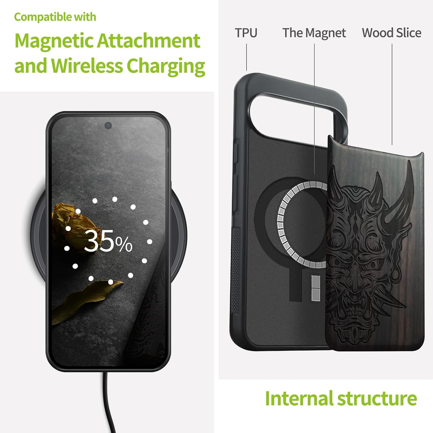 Carveit Magnetic Wooden Case for Google Pixel 10 / Pixel 10 Pro Case, Wood Artisan Engraved & Soft TPU Shockproof Cover, Compatible with MagSafe Wireless Chargers (Japanese Oni Mask) Blackwood