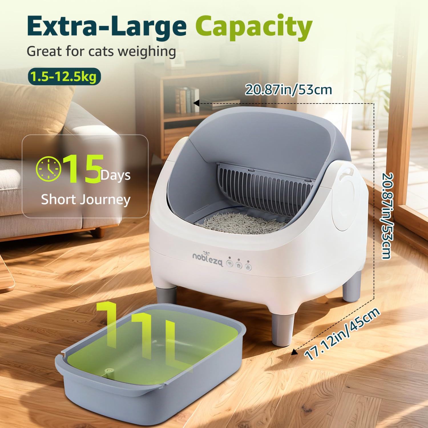 Nobleza Arenero Autolimpiable SL03 para Gatos - Caja de Arena Automática con Control por App, Diseño Abierto, Gran Capacidad, Incluye 2 Rollos de Bolsas y 1 Ambientador, Color Blanco