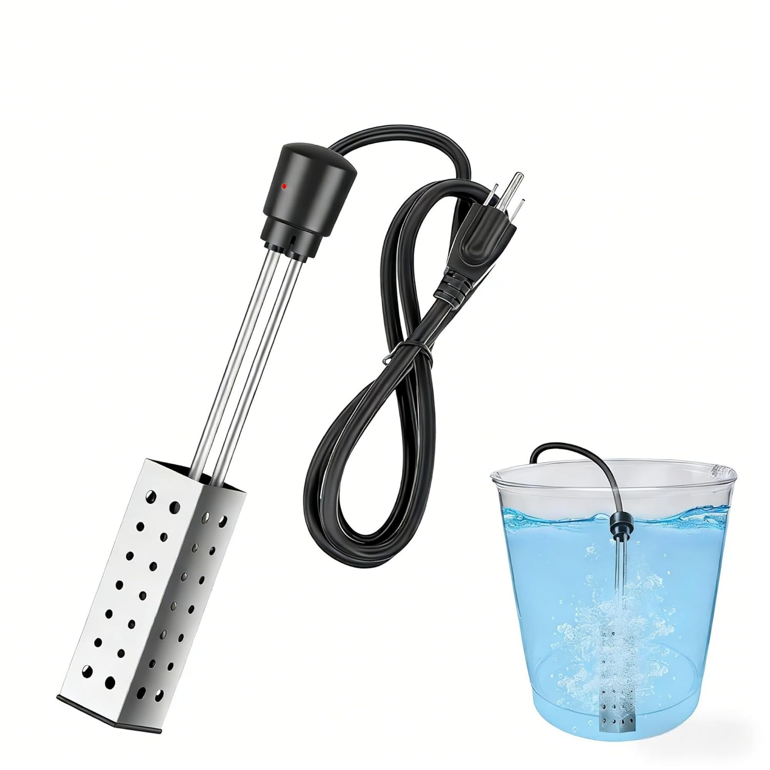 1500W Portable Immersion Bucket Heater 120V Stainless Steel - Heats 5 Gallons of Water in Minutes, Ideal for Camping, Travel & Emergency Use.