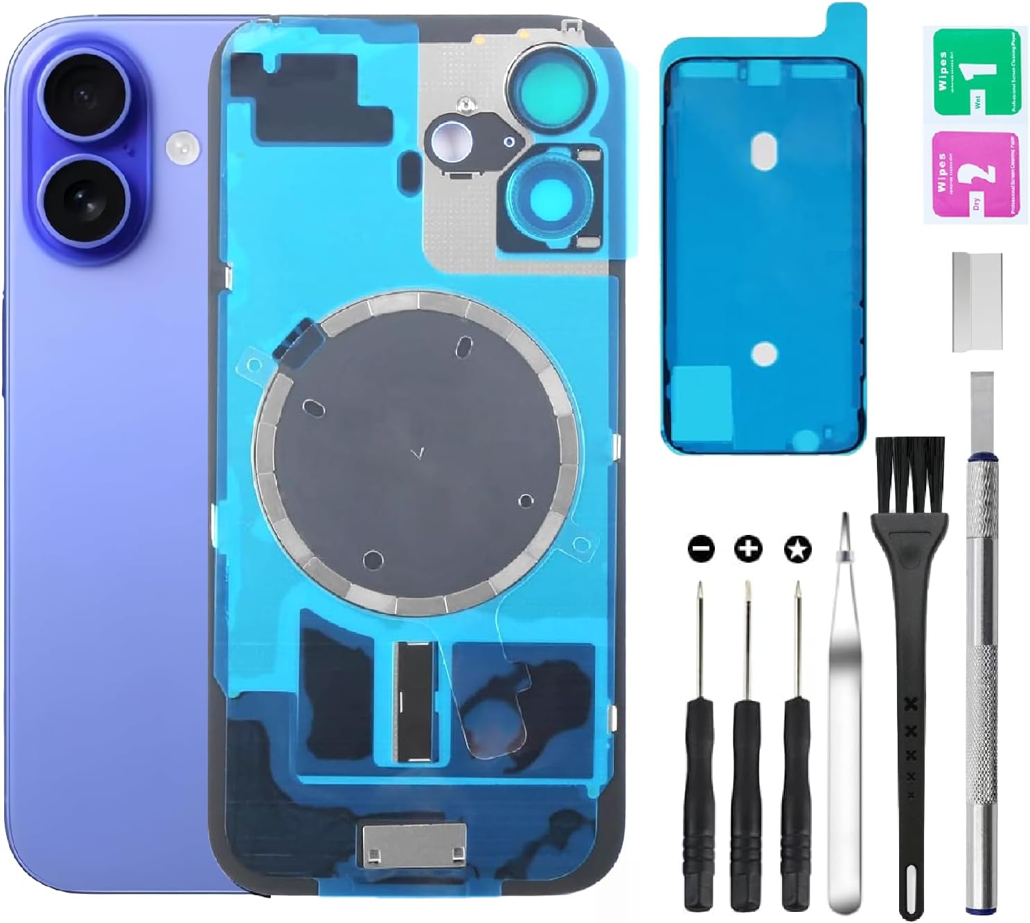 Rear Back Cover Glass Replacement for iPhone 16 Plus Back Glass + Camera Lens + Magnet + Iron Piece Holder with Repair Tool Kit (Blue)