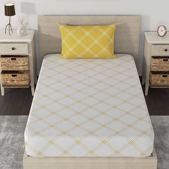 HUESLAND by Ahmedabad Cotton 186 TC Fitted Bedsheet for Single Bed with 1 Pillow Cover | 36 x 78 inches | White & Yellow