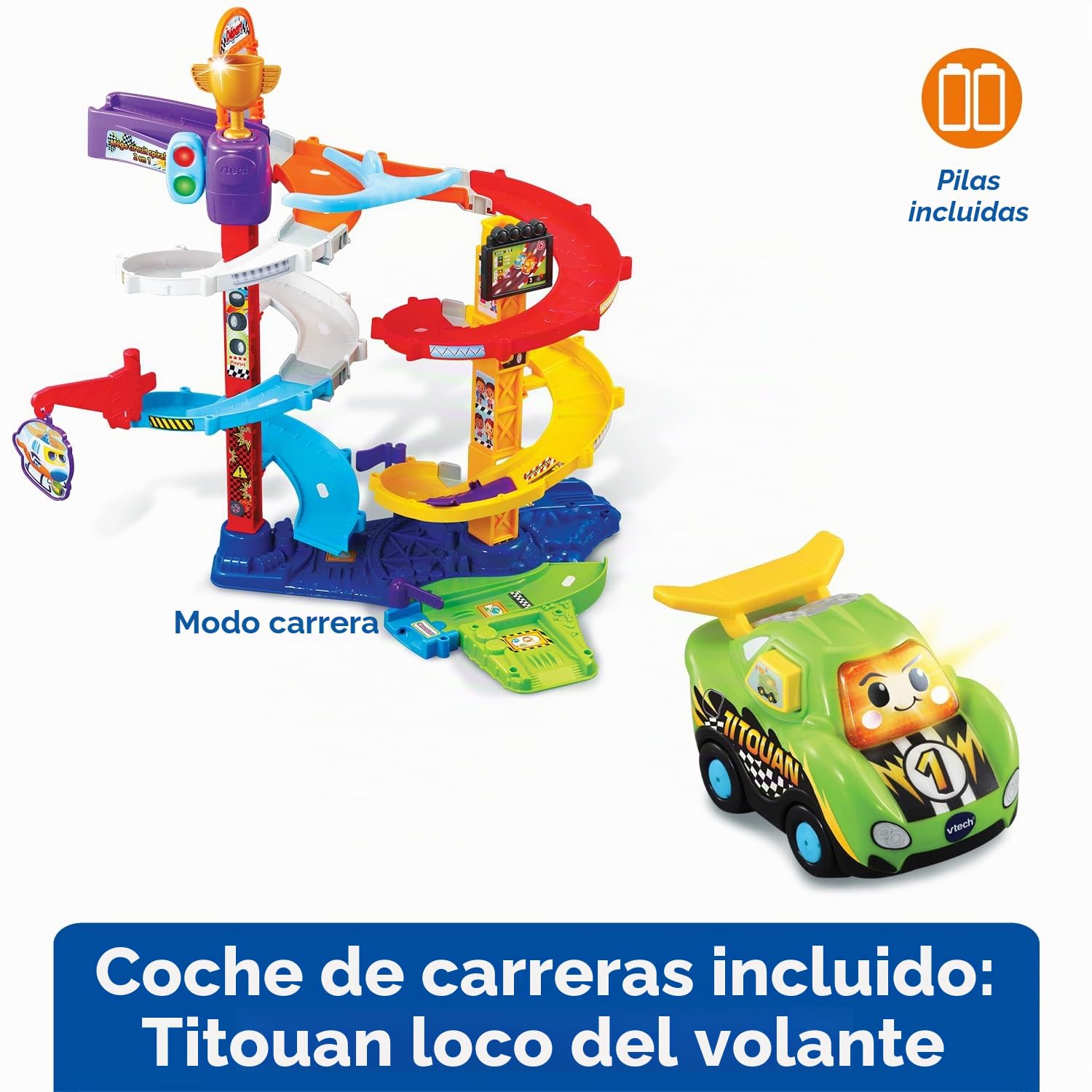 VTech Tut Tut Bolides, Mega Circuito Espirales 2 en 1 con Coche Titouan Loco del Volante, Circuito de Coches Infantiles, 5 Zonas Mágicas, Regalo para Niños y Niñas de 1 año a 5 años - Contenido en