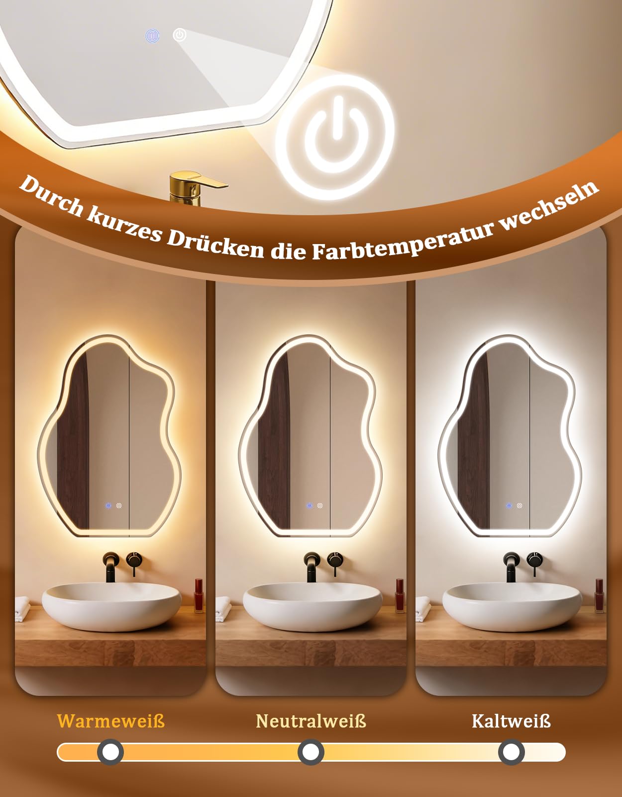 Asymmetrisch Badspiegel Mit Beleuchtung,50x70cm LED Bad Wandspiegel | Badezimmer Wandspiegel Mit Licht, IP44 50x70 cm Asymmetrischer Organischer Groß Gäste WC Badezimmerspiegel Mit Beleuchtet