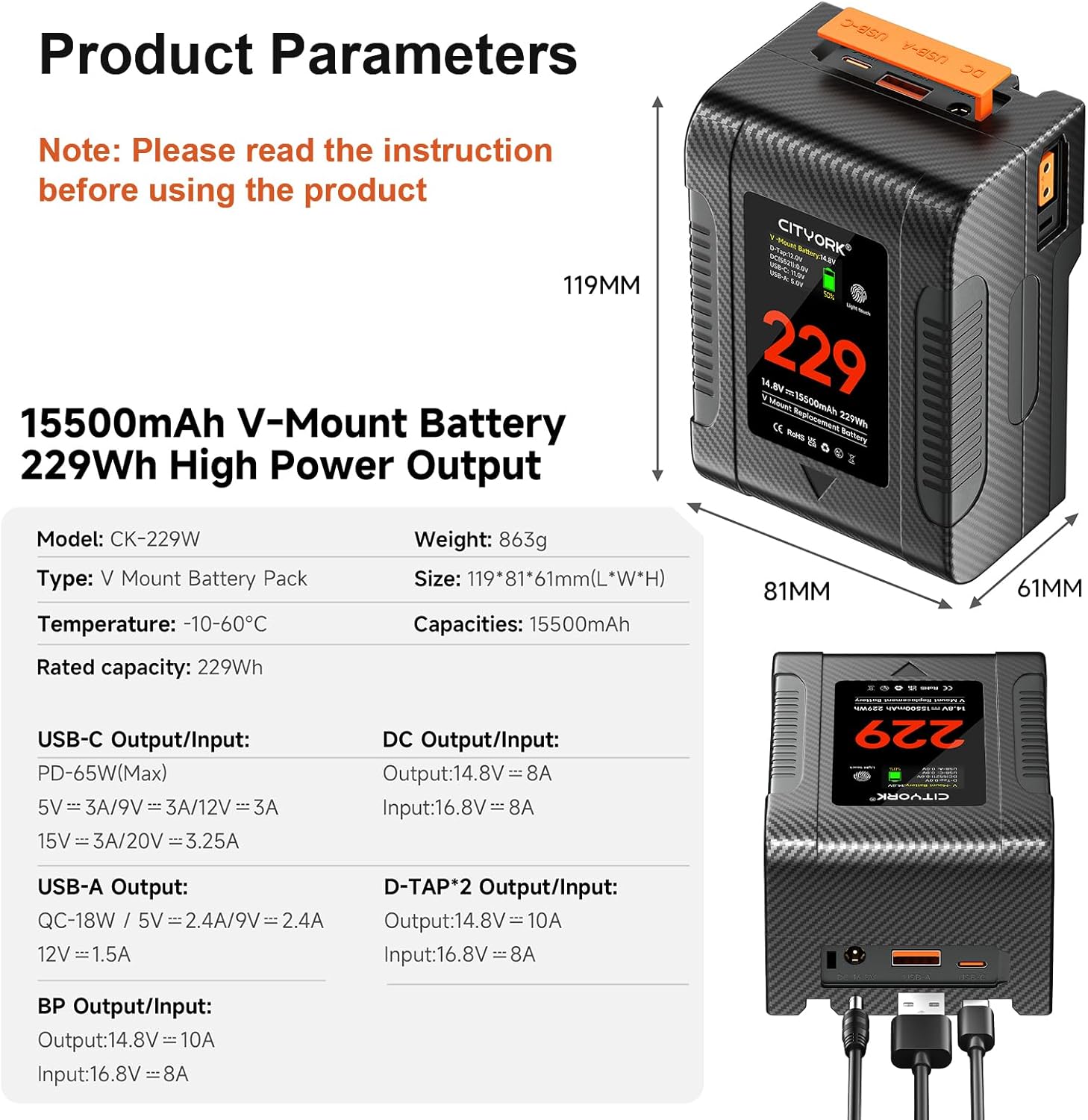 CITYORK Mini V Mount Battery 229Wh/ 15500mAh 14.8V V Mount/V Lock Battery with D-TAP, USB-A, USB-C Port, OLED Display for Camera, Camcorder, Video Light (PD 65W USB-C Cable*1,Fast Charging)