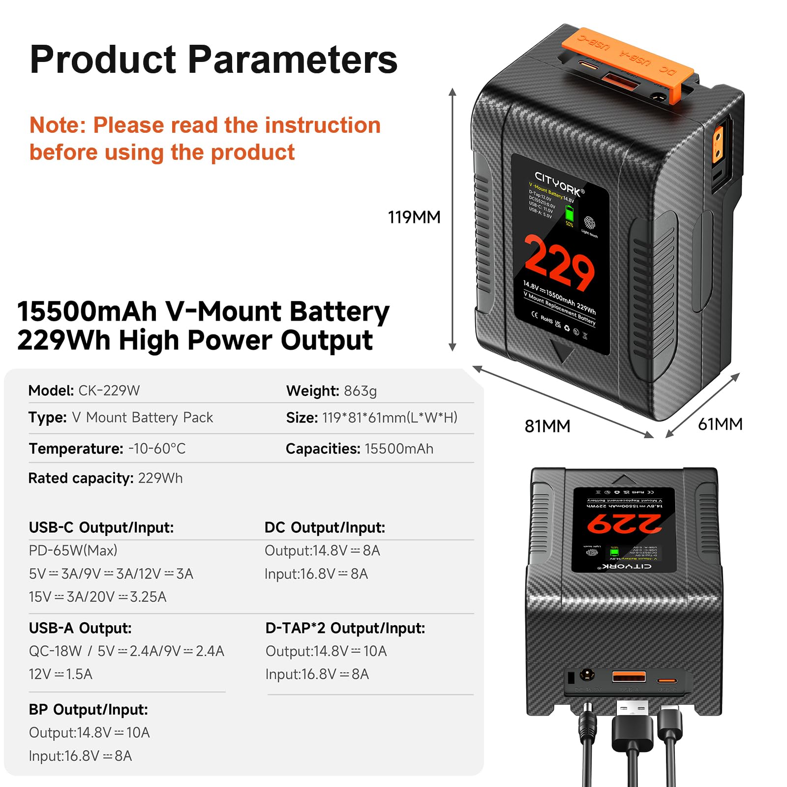 CITYORK Mini V Mount Battery 229Wh/ 15500mAh 14.8V V Mount/V Lock
