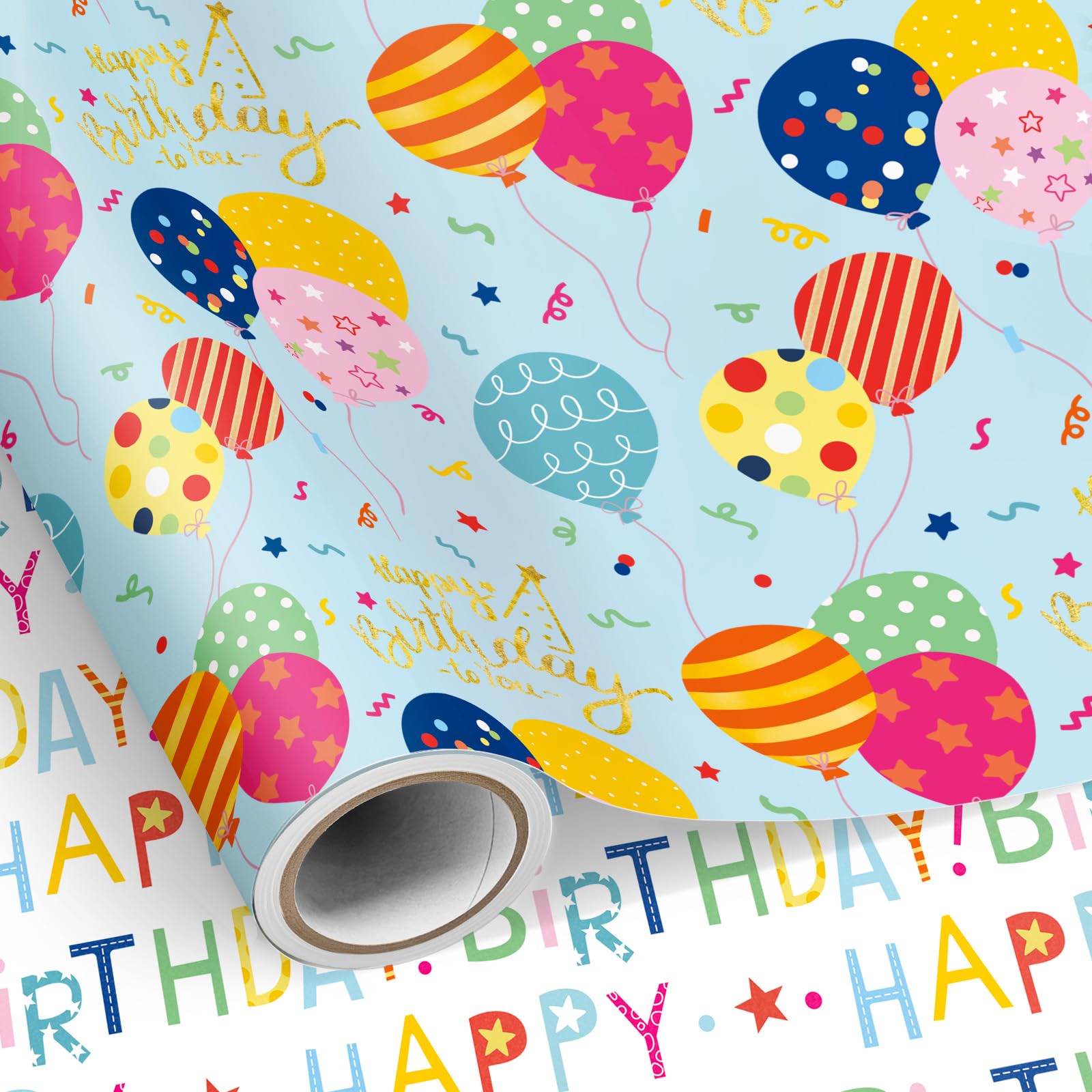 Neloheac Blue Birthday Ballons Wrapping Paper Roll 43CM x 10M Reversible โ image 1