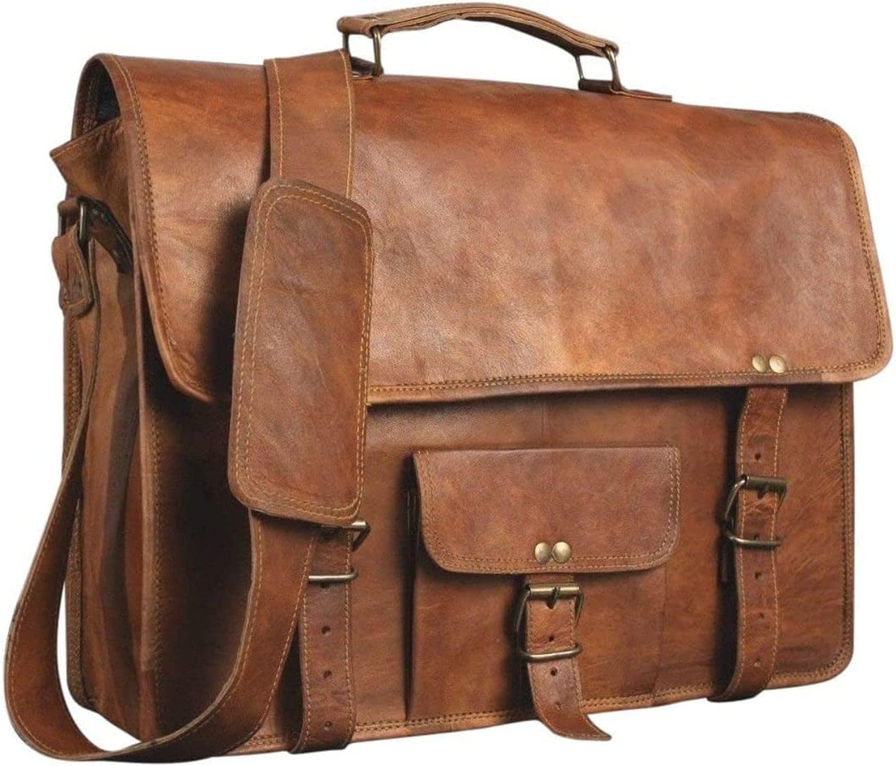 MONTEXOO 18 inch Handmade Vintage Leather Travel Briefcase Bag Messenger Office Satchel Bag Shoulder Laptop College Distressed For Men Dark Brown