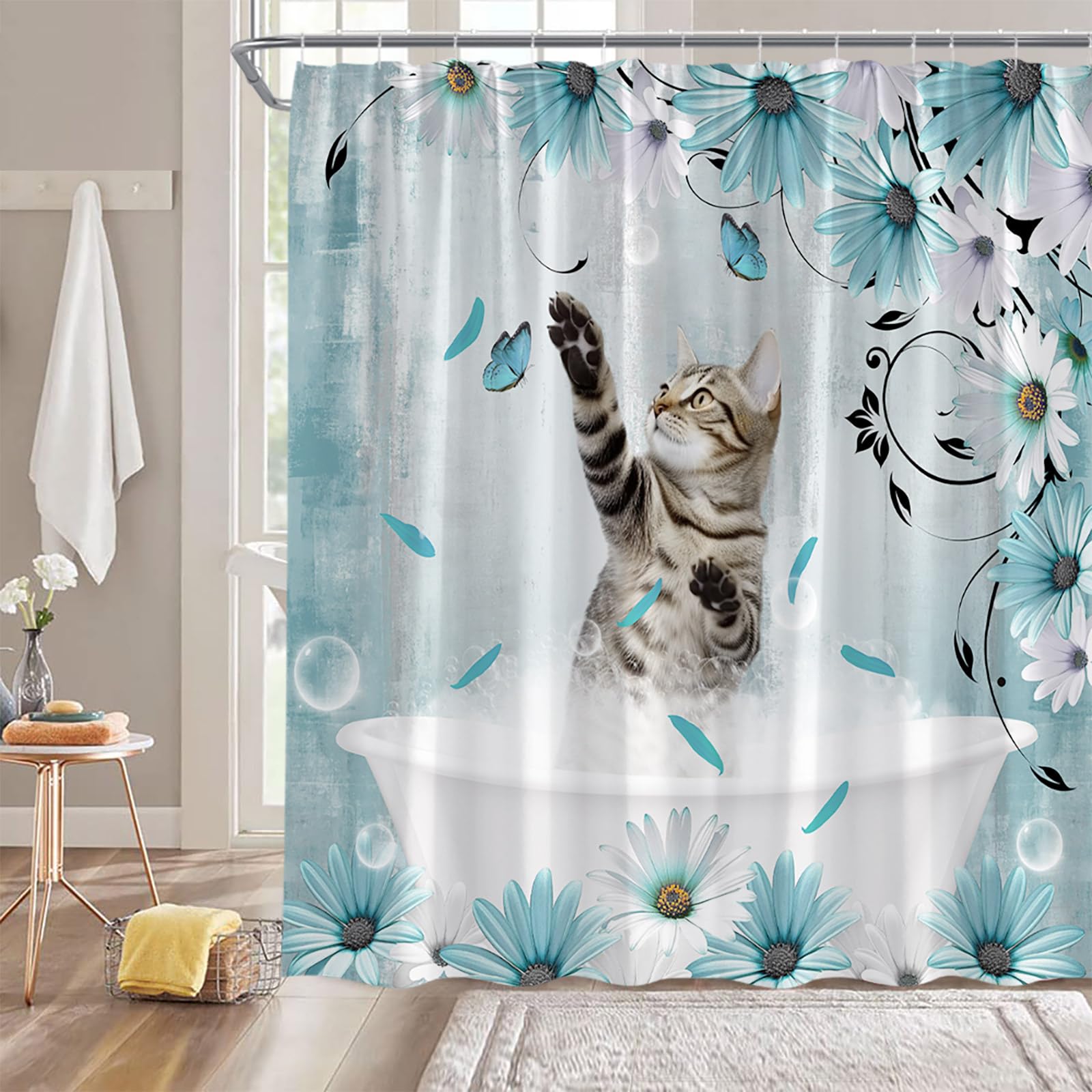 ZRUWUA Katzen-Duschvorhang – Süßes Aquarell-Design Mit Blättern & Schmetterlingen
