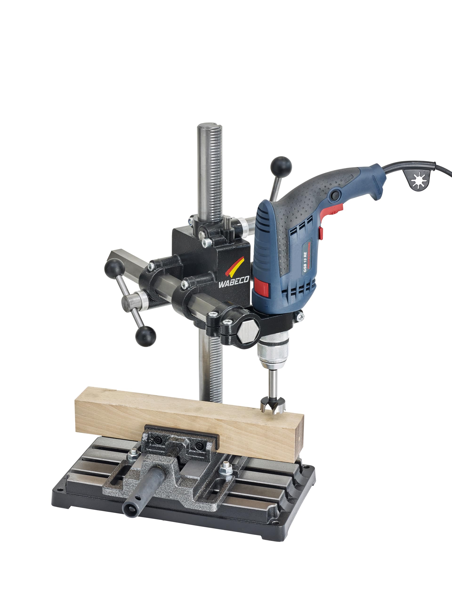 WABECO Bohrständer Fräsständer BF1240 mit Bohr-Frästisch, 2 Zustellachsen vertikal/horizontal Säule 500 Ausleger 350 mm Made in Germany