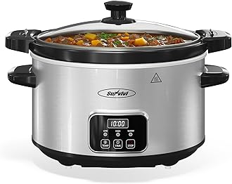 SUNVIVI4QT Programmable Slow Cooker with Locking Lid, Removable Ceramic Pot, 3 Heating Settings & Timer, Dishwasher-Safe, Stainless Steel Silver