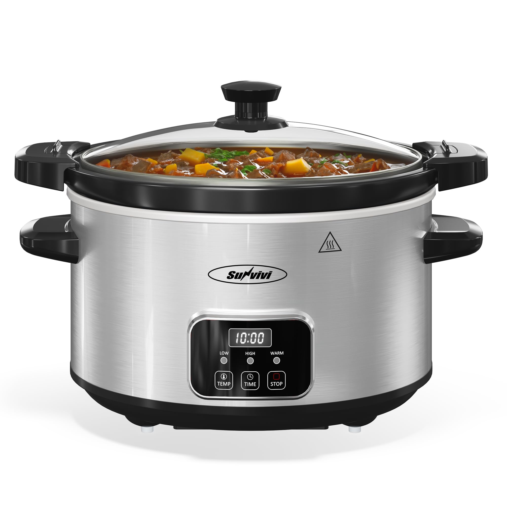 Sunvivi4QT Programmable Slow Cooker with Locking Lid, Removable Ceramic Pot, 3 Heating Settings & Timer, Dishwasher-Safe, Stainless Steel Silver