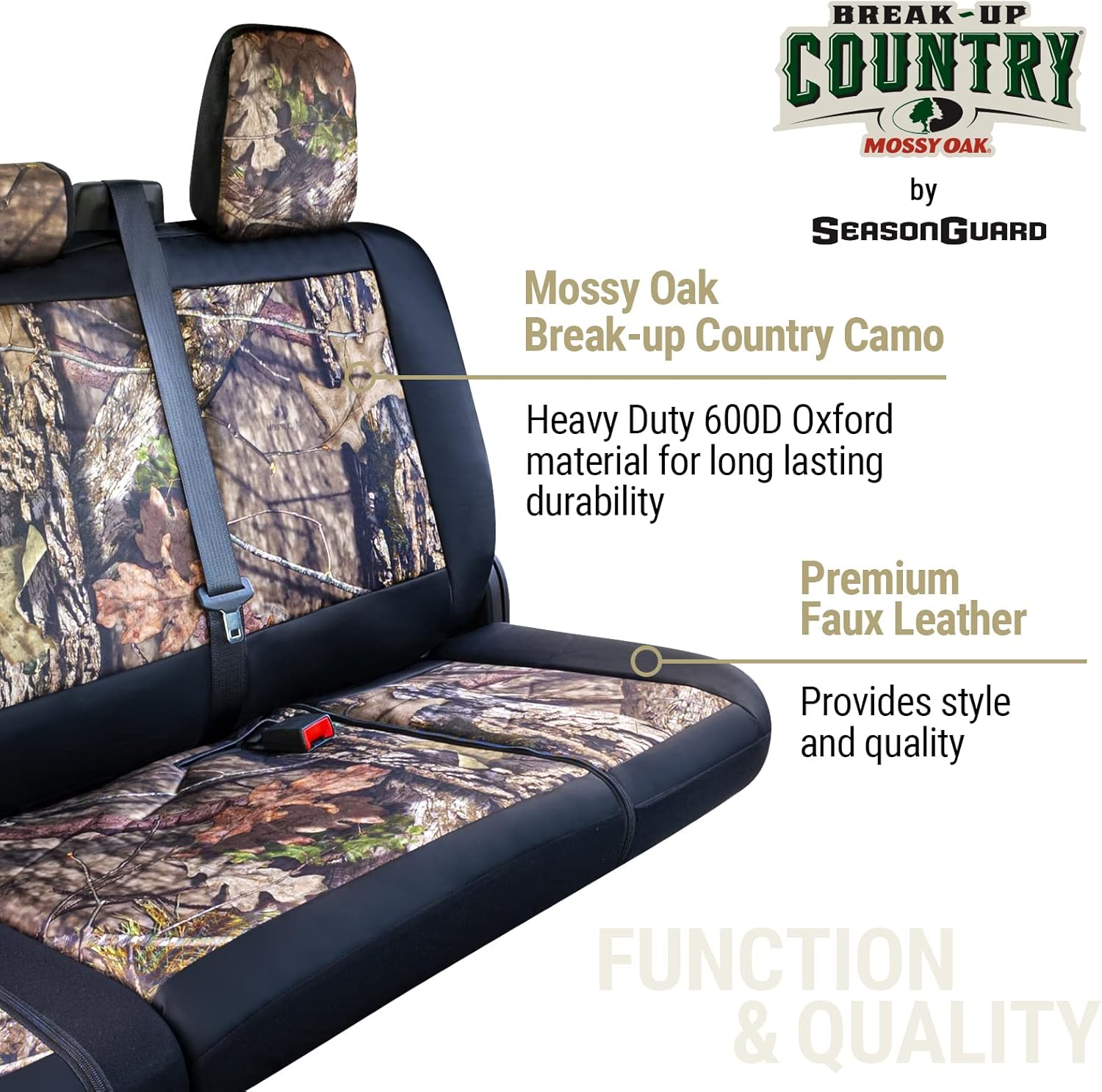 Season Guard Mossy Oak Camo Truck Bench Seat Cover Fits All Full-Size Silverado F-150 Ram Sierra Titan Tundra Pickup Trucks; Folding Bench or Standard Bench Seats; 600D Oxford Fabric with Faux Leather