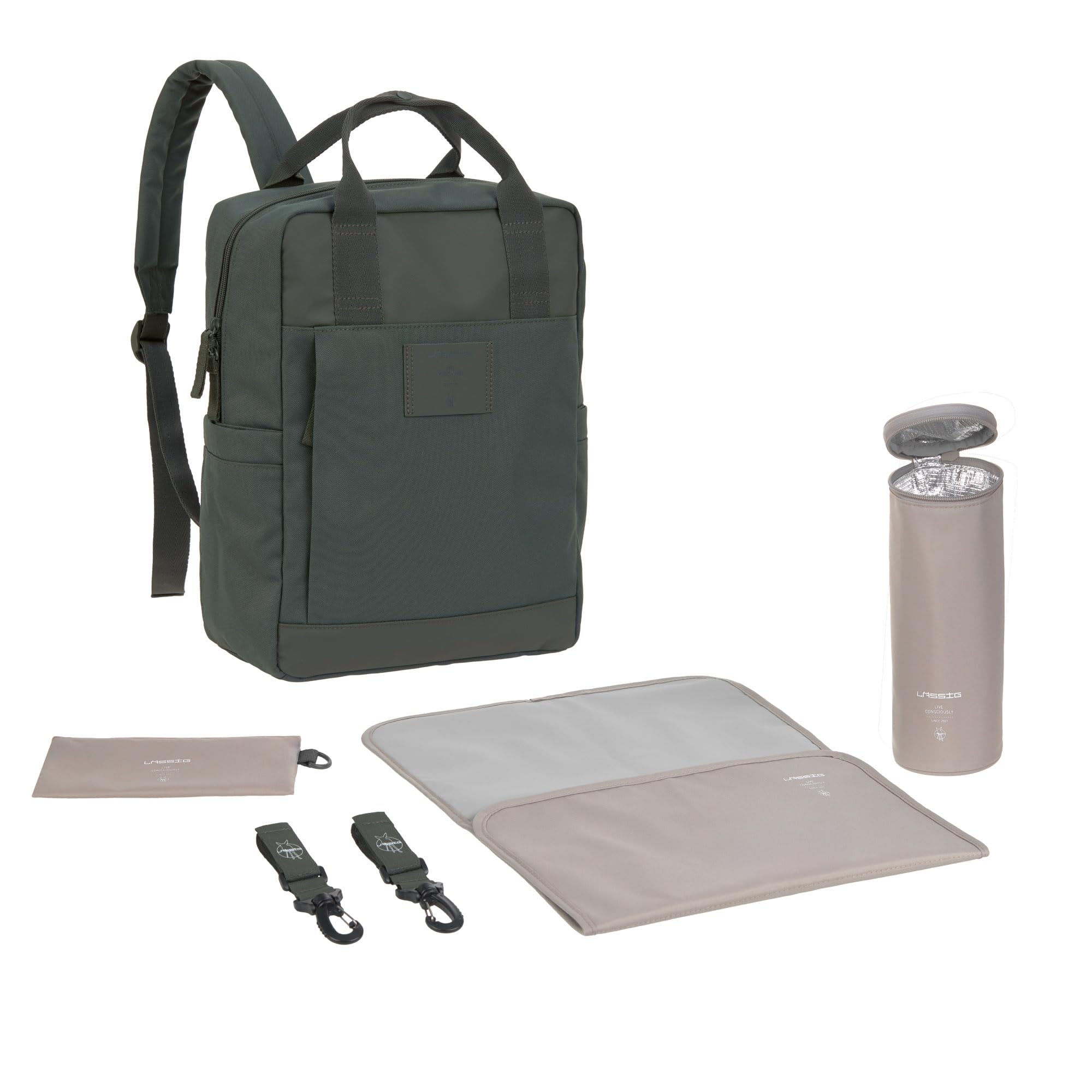 LÄSSIG Baby Wickelrucksack Wickeltasche Rucksack mit Wickelunterlage, Kinderwagenbefestigung, Flaschenhalter nachhaltig produziert/GRE Vividal Backpack dark olive